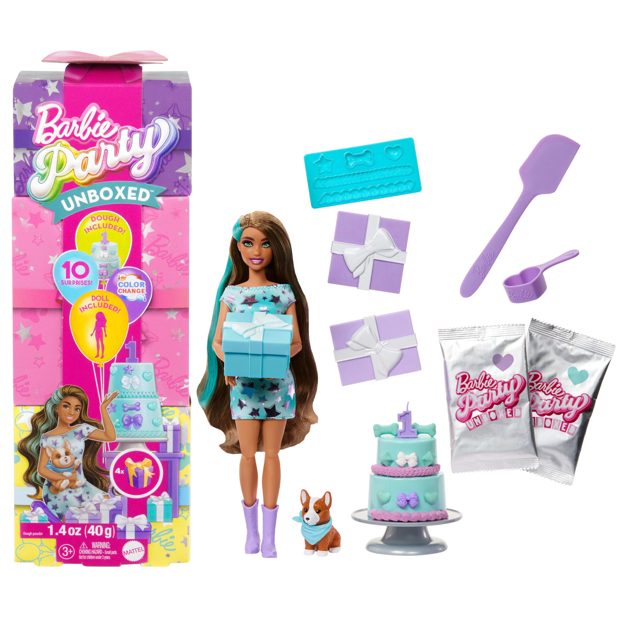 Barbie Party Unboxed Pet Birthday Series Doll & Accessories. Party Stars Set With 10 Surprises