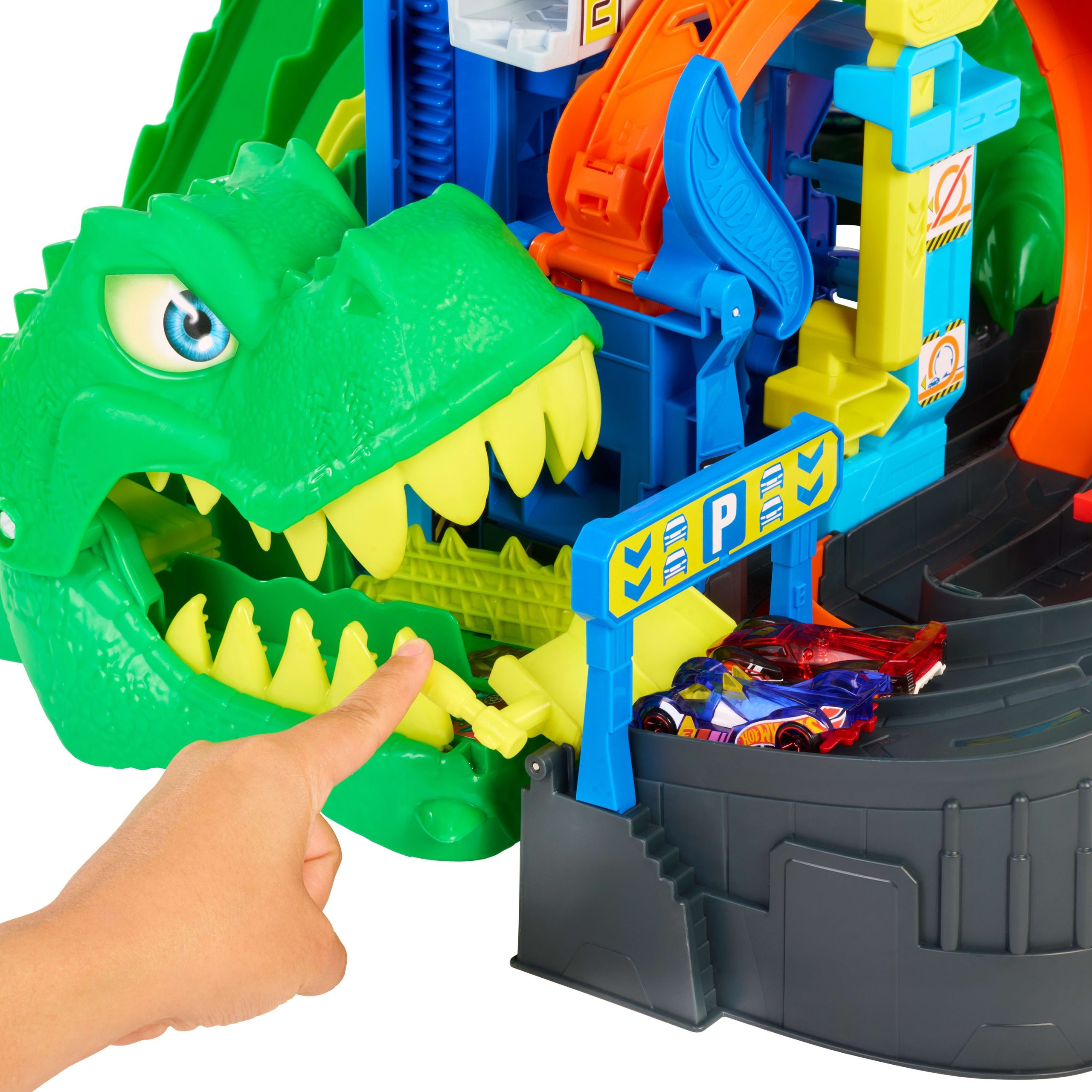 Hot Wheels City Ultimate T-Rex Garage With 2 Toy Cars & Storage For 50+. Race & Stunt. Dino Nemesis - Image 4