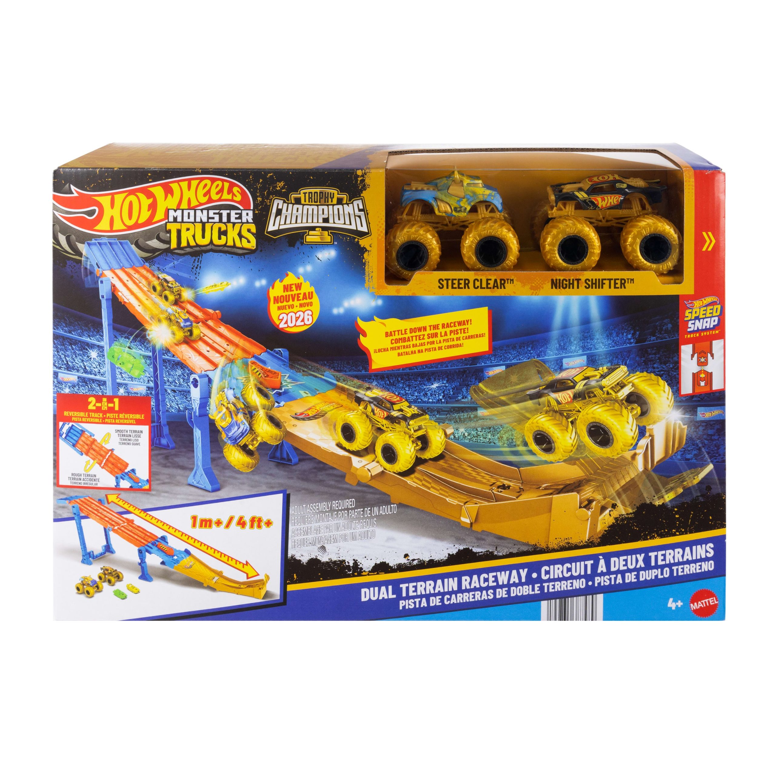 Hot Wheels Monster Trucks Dual Terrain Raceway. 4 Feet Long With 2 Toy Trucks & 2 Crushed Cars - Image 6