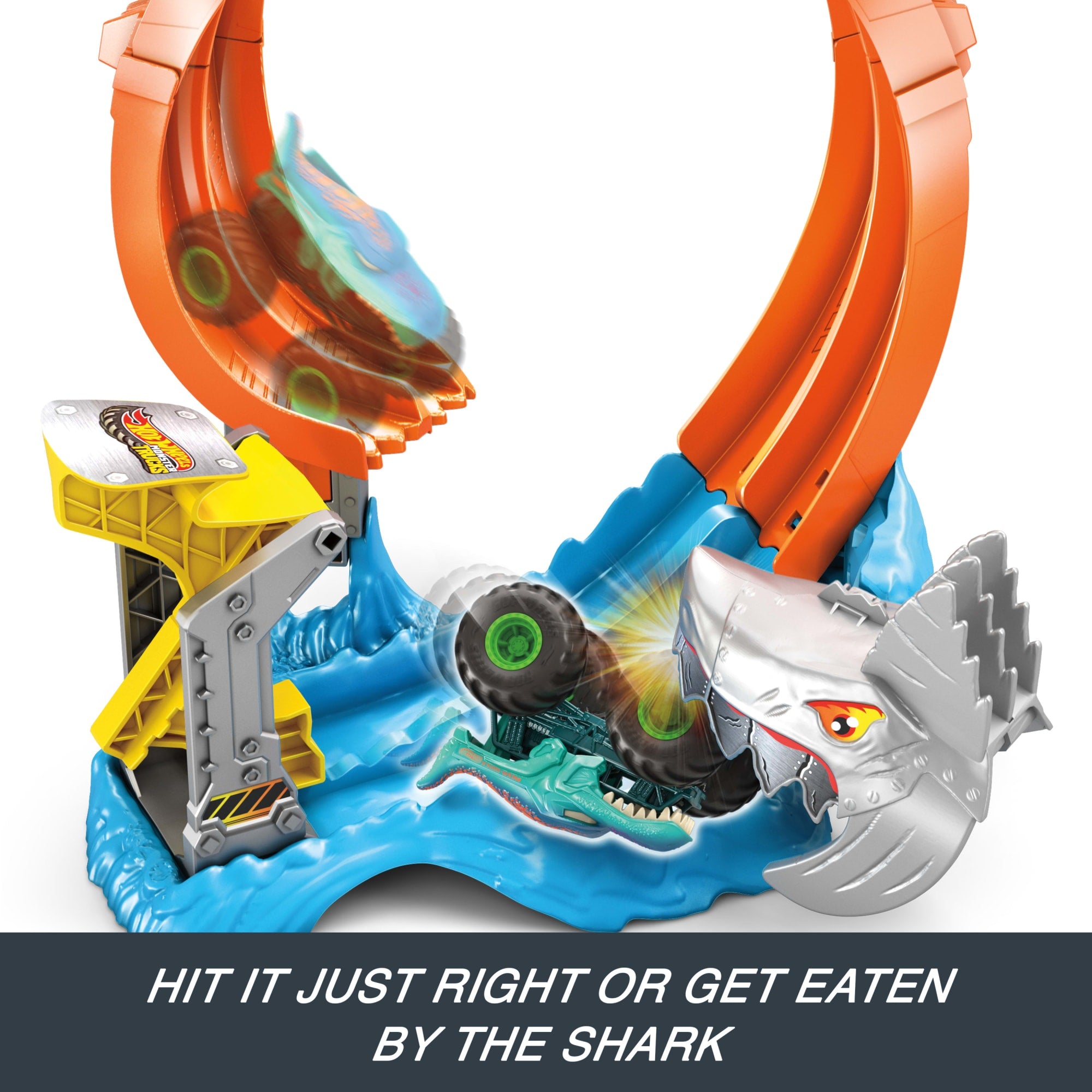 Hot Wheels Monster Trucks Corkscrew Shark Smash Track Set & 1:64 Scale MEGA-Wrex Toy Truck - Image 4