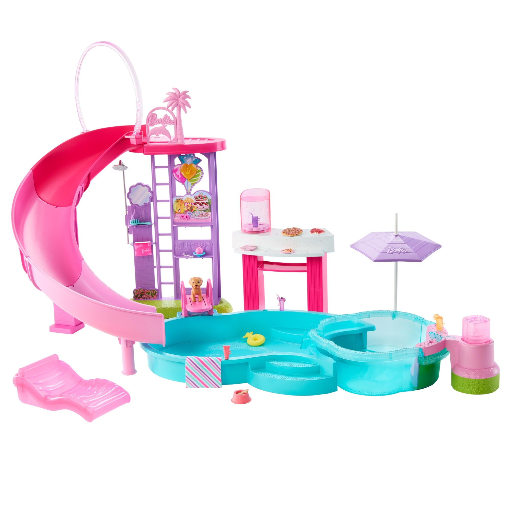 Barbie Dream Pool Playset With Slide & Bubbling Hot Tub. 20+ Accessories including Pet. Floaties & More