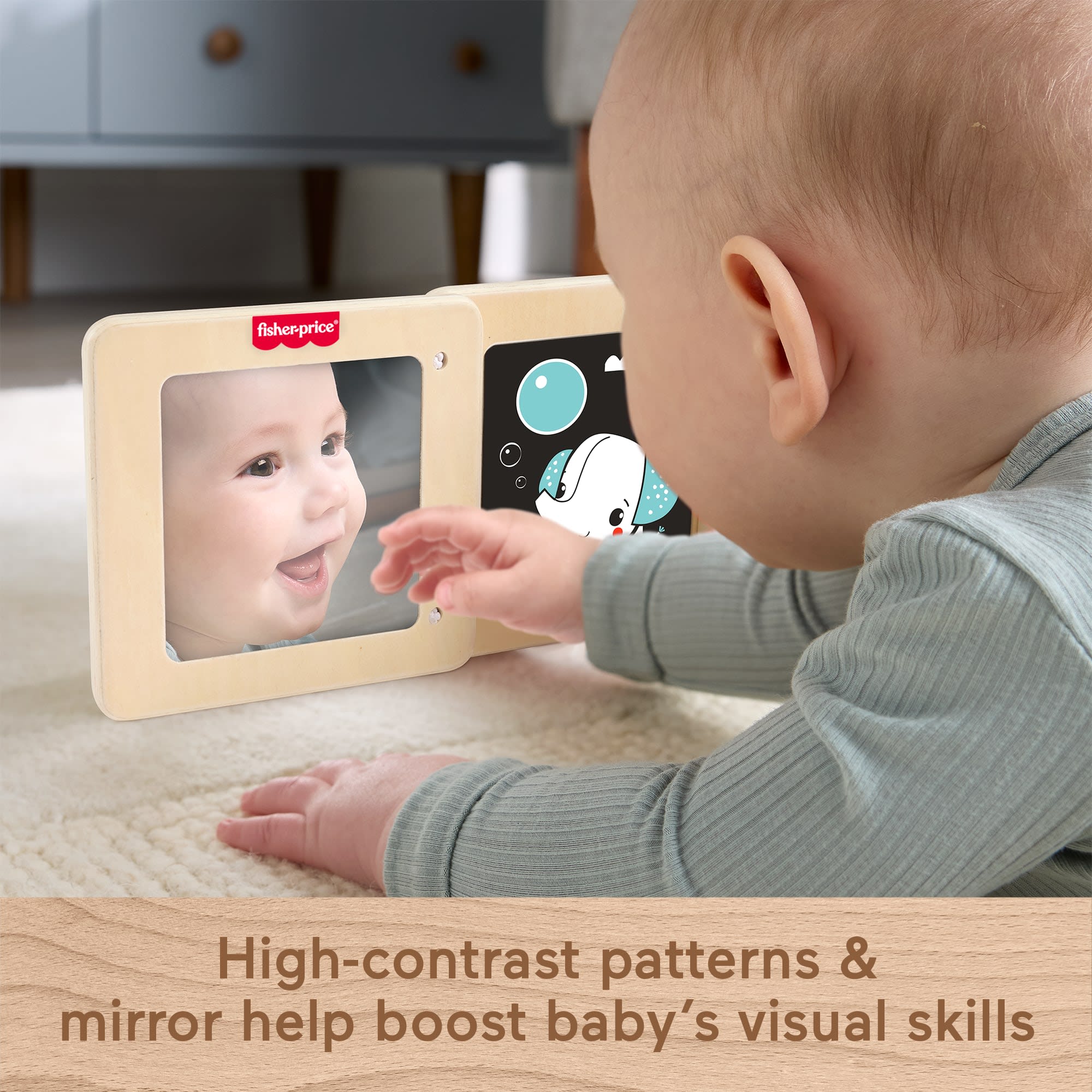 Fisher-Price Wooden Tummy Time Panel. Newborn Activity Toy With Mirror & High Contrast Designs - Image 3