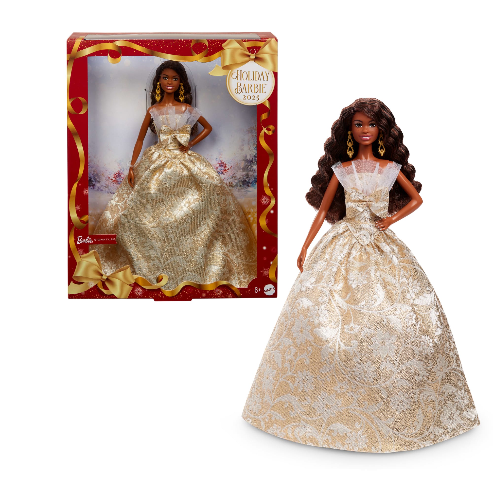 Barbie Signature 2025 Holiday Barbie Fashion Doll. Seasonal Collector. Black Hair With Silver & Gold Gown