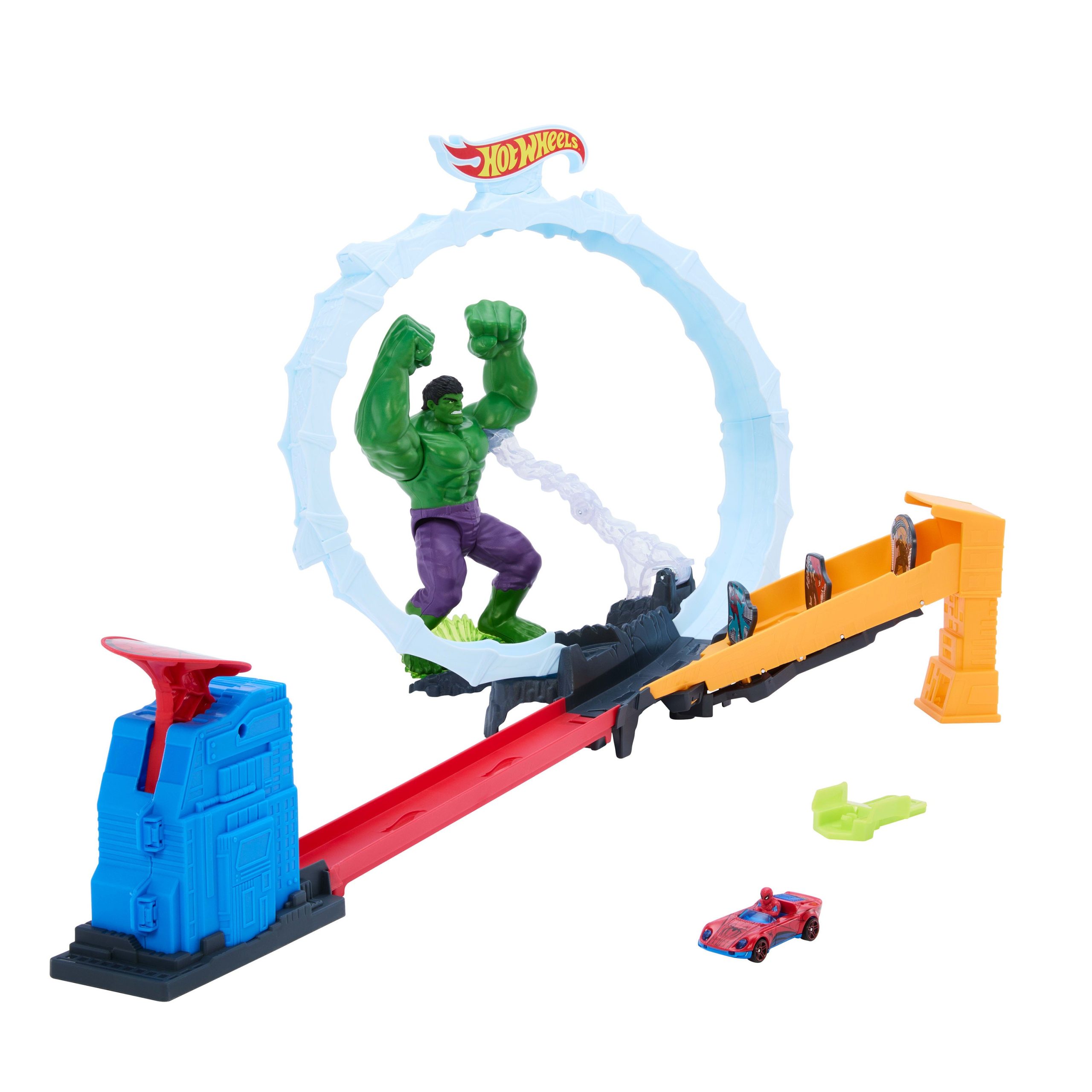 Hot Wheels Superstar Speeders Spider-Man & Hulk Smash Down Track Set With 1 Die-Cast Spider-Man Vehicle