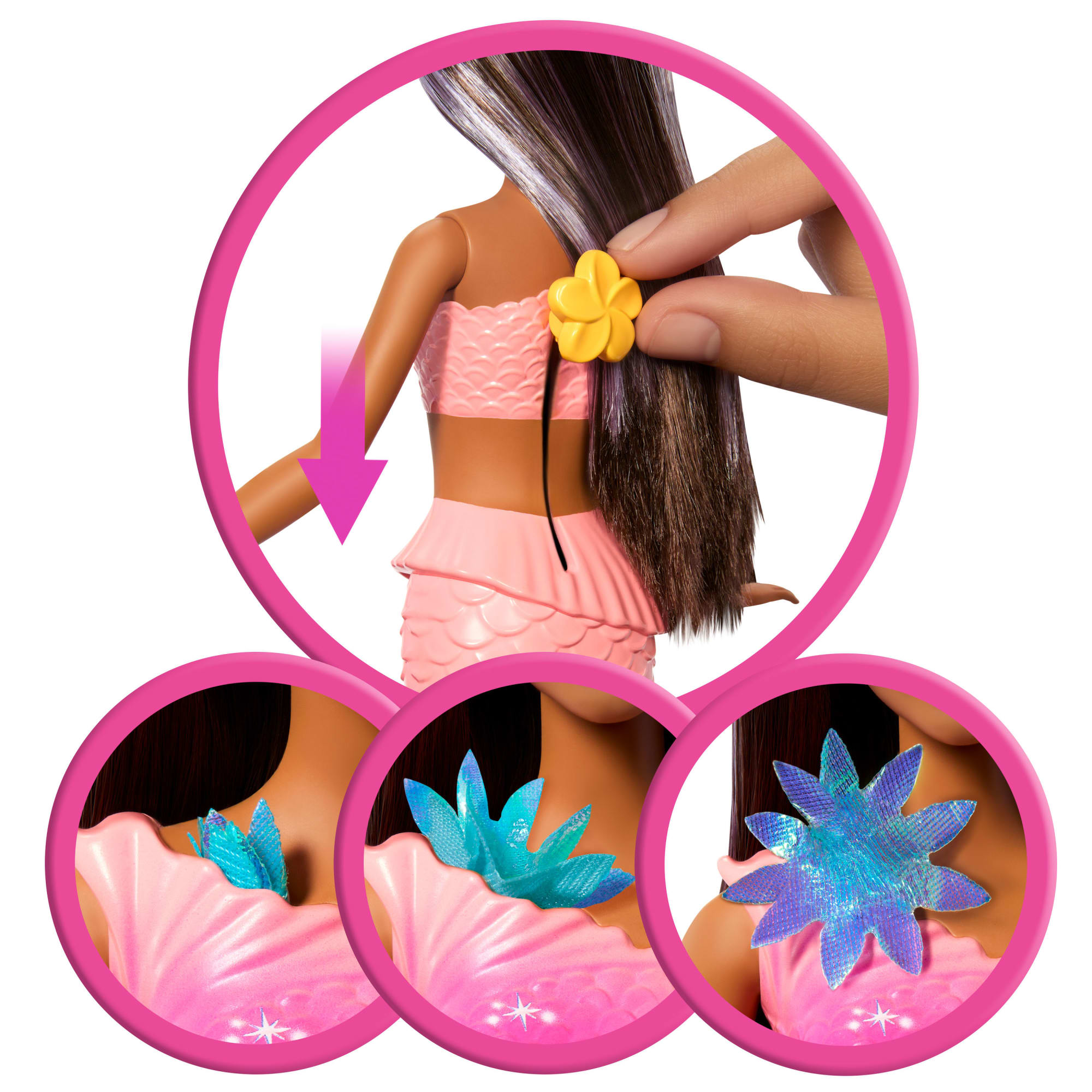 Barbie Flower Magic Mermaid Toy Doll With Surprise Blooming Flowers Feature & Pearl Headband Accessory - Image 3