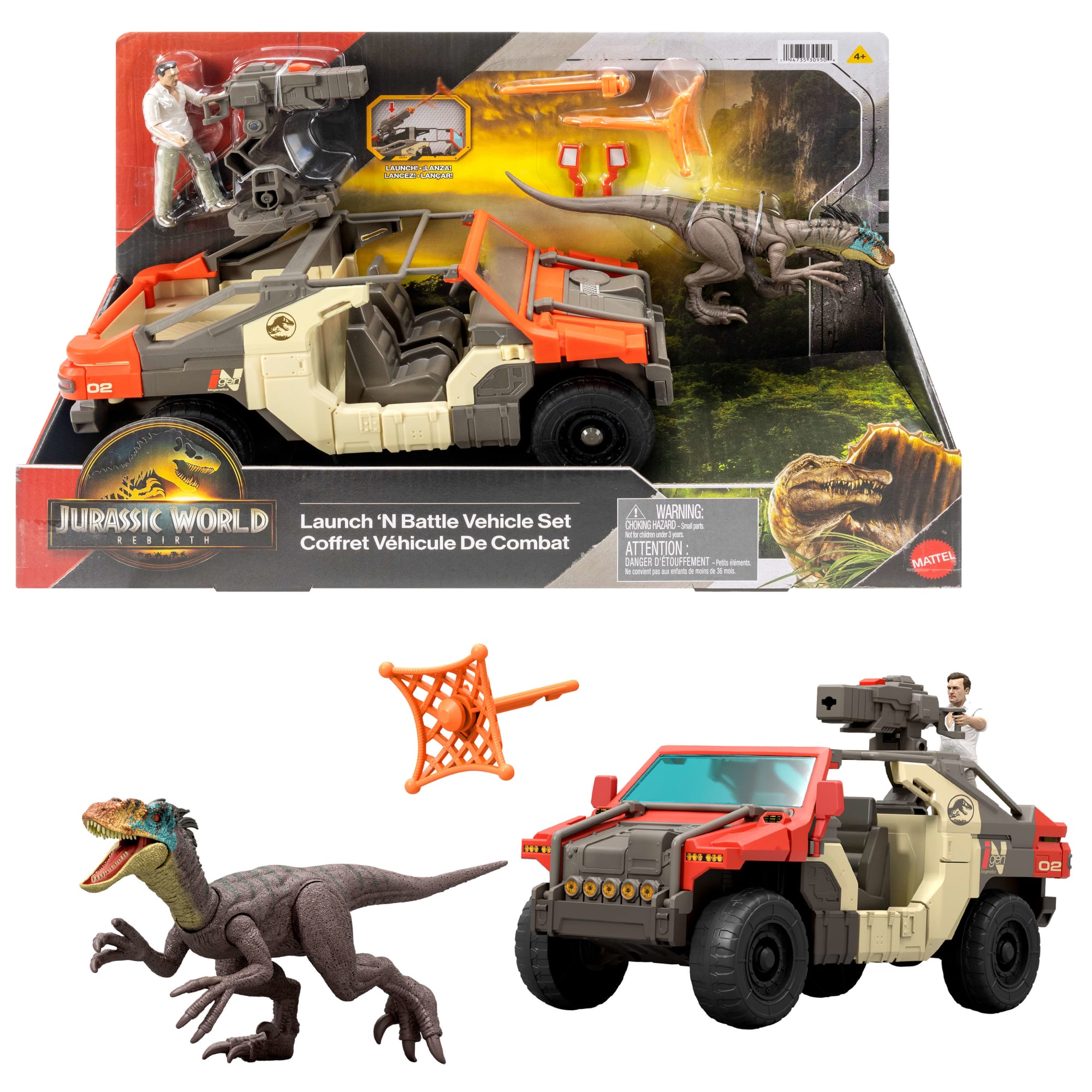 Jurassic World Rebirth Launch 'n Battle Vehicle With 1 Human & 1 Raptor Figure. Turret & Projectiles