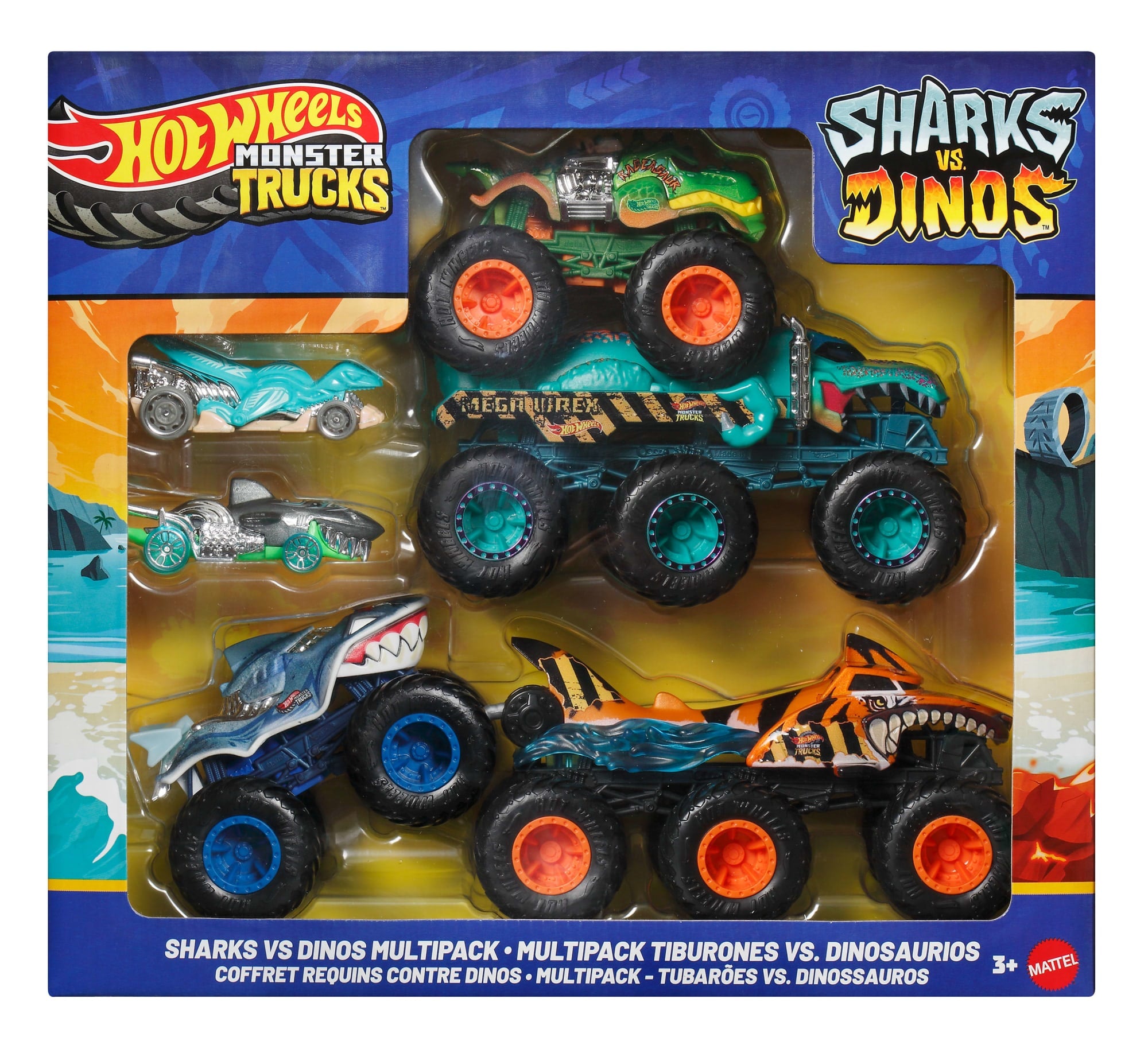 Hot Wheels Monster Trucks Sharks vs Dinos Multipack With 2 Big Rigs. 2 Toy Trucks & 2 Toy Cars - Image 6