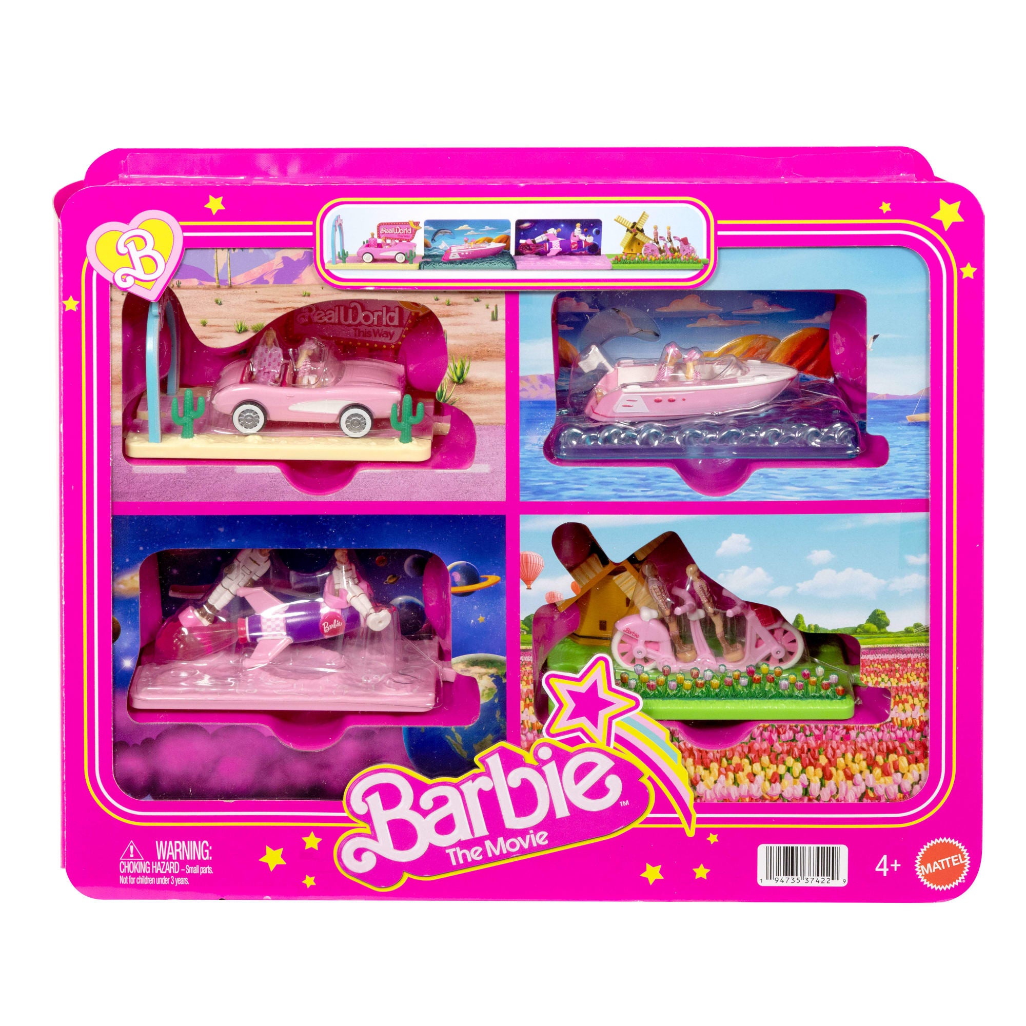 Barbie Mini Barbie Land Barbie The Movie Vehicle Collection. Includes 8 1.5-Inch Dolls & 4 Vehicles Inspired By The Film