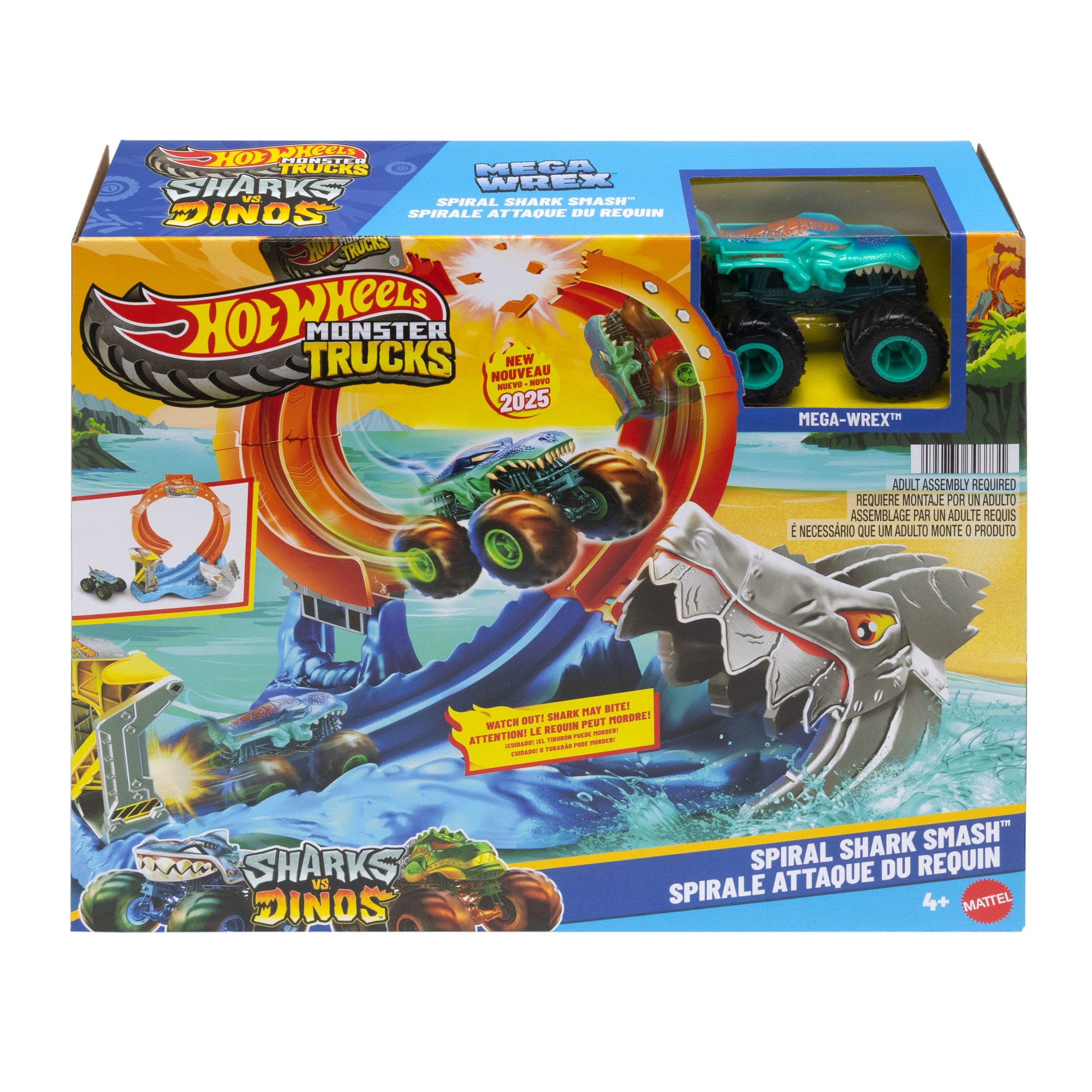 Hot Wheels Monster Trucks Corkscrew Shark Smash Track Set & 1:64 Scale MEGA-Wrex Toy Truck - Image 6