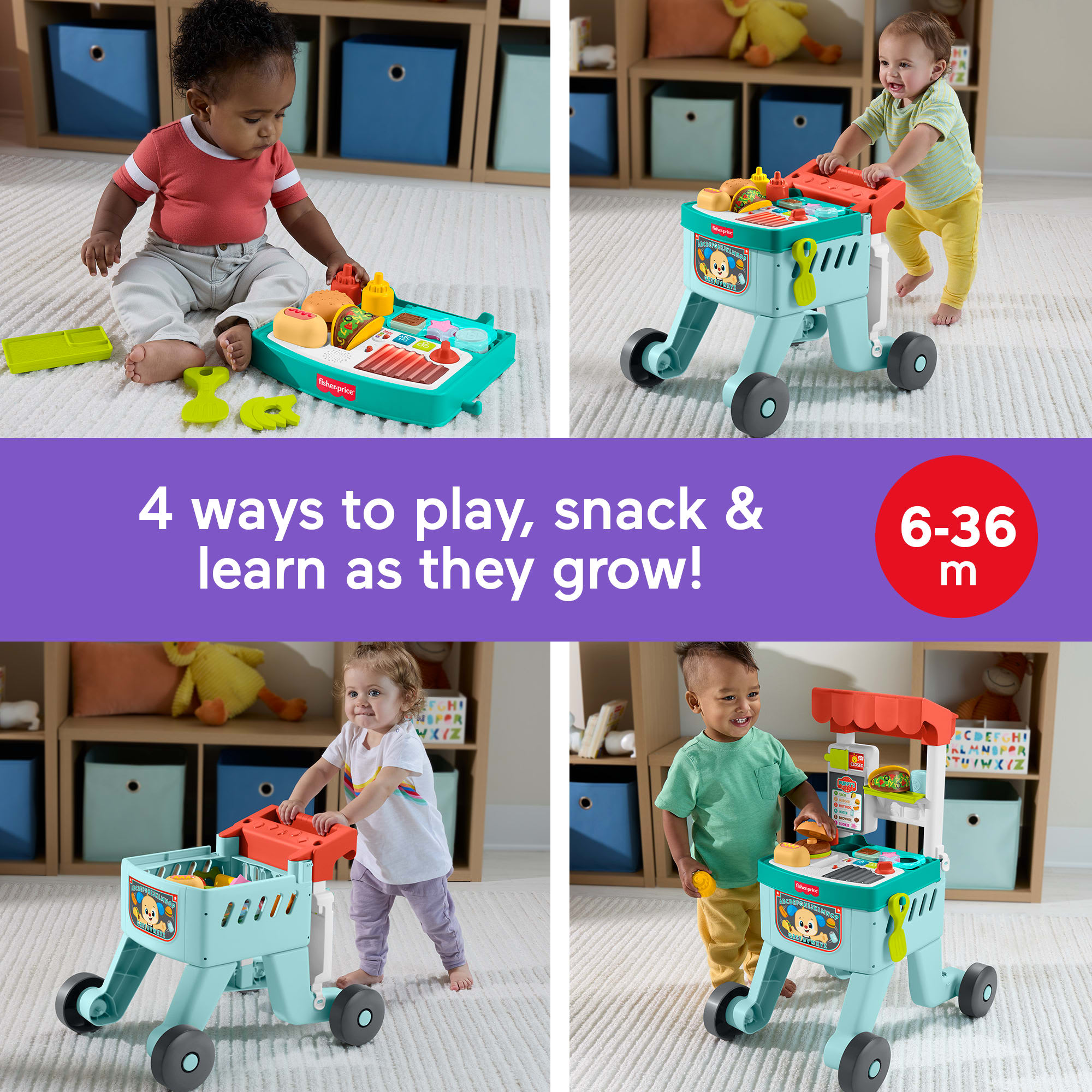 Fisher-Price Laugh & Learn 4-In-1 Snack Cart Walker Baby & Toddler Learning Toy With 14 Play Pieces - Image 2