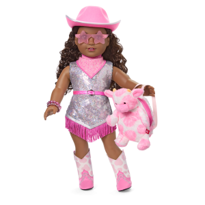 Glam Pink Cowgirl Outfit & Pink Spotted Cow Backpack & Accessory Set Bundle
