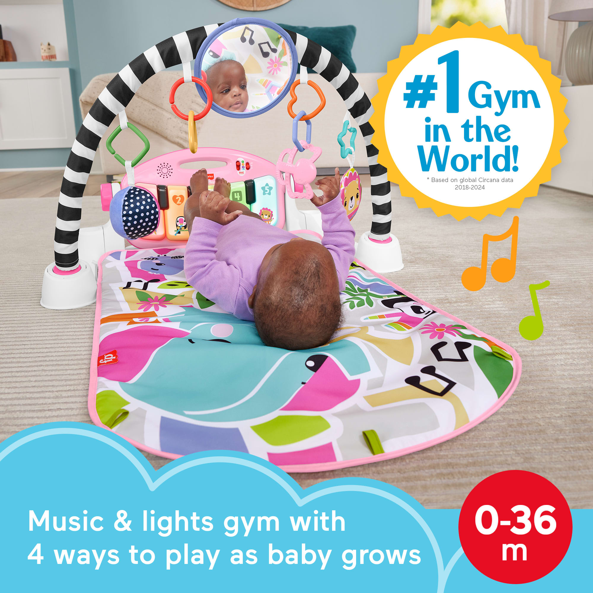 Fisher-Price Glow And Grow Kick & Play Piano Gym Baby Playmat With Musical Learning Toy. Pink - Image 2