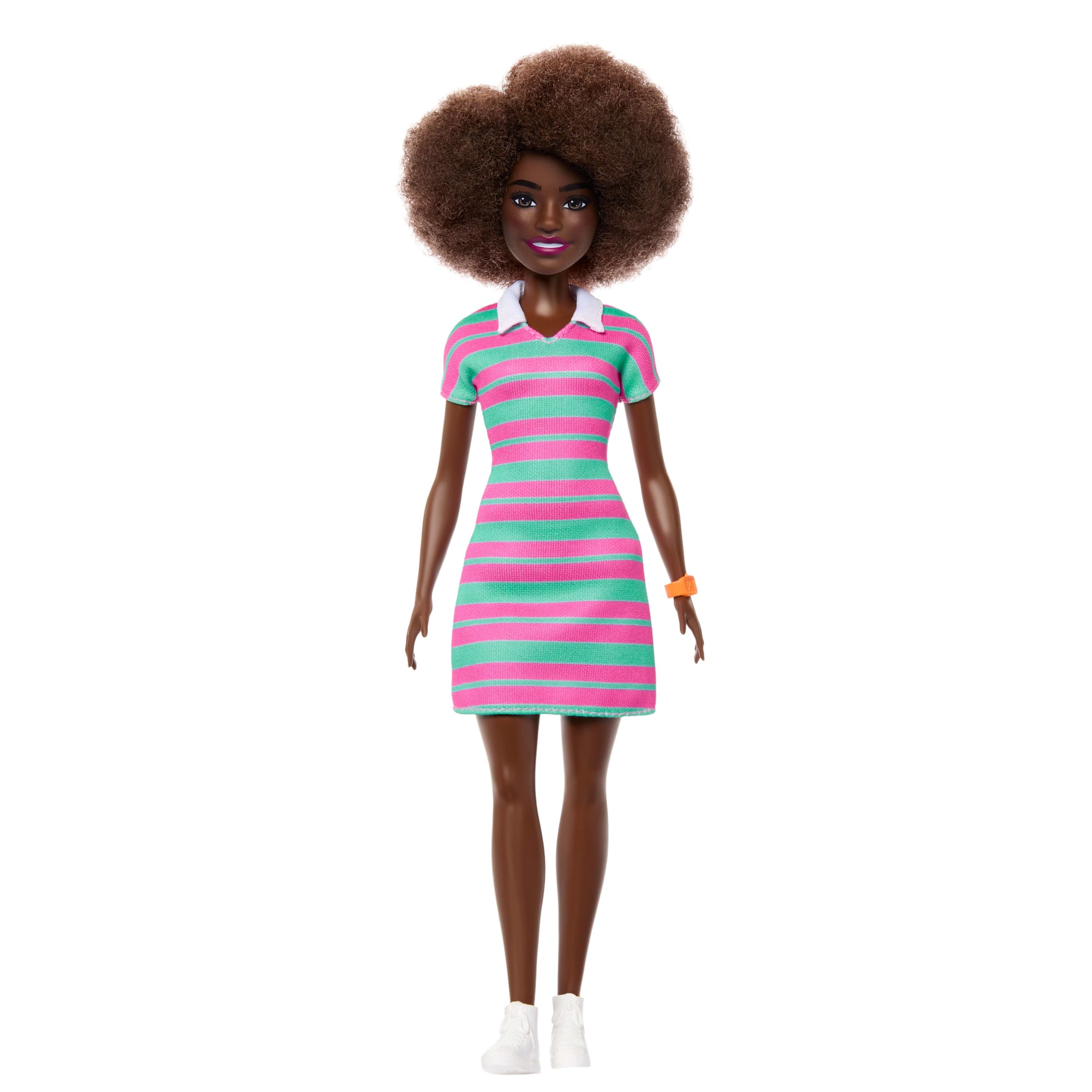 Barbie Fashionistas Doll #247 With Pink And Green Striped Dress. Curly Black Hair - Image 5