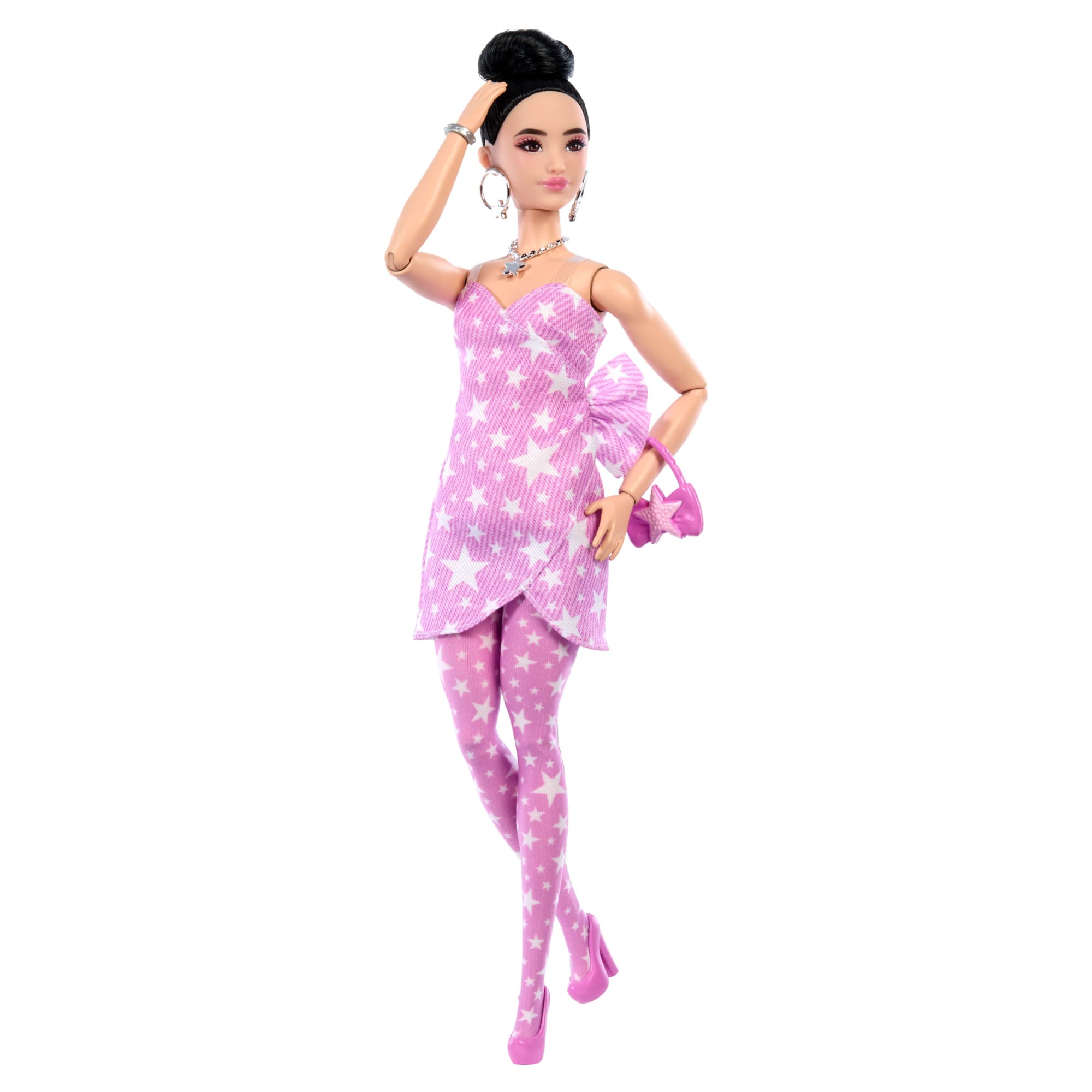 Barbie Deluxe Style Fashion Doll #11 in Pink Denim Star-Print Dress. Black Hair in Bun - Image 5