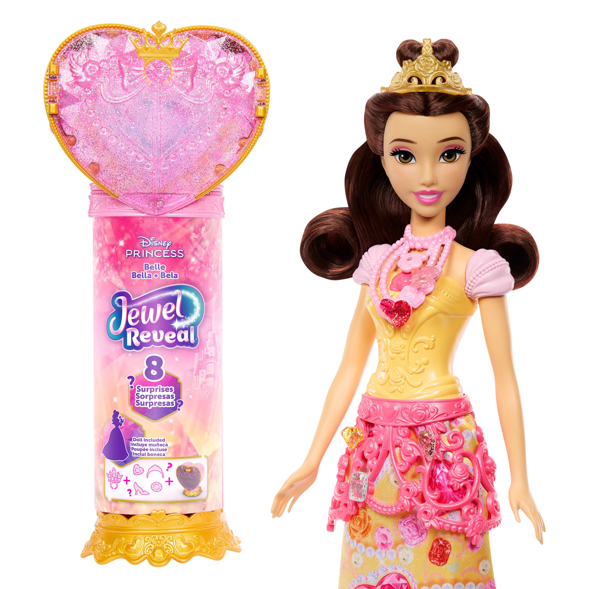 Disney Princess Jewel Reveal Belle Fashion Doll W/ 8 Surprises Including Gem Box & Accessories