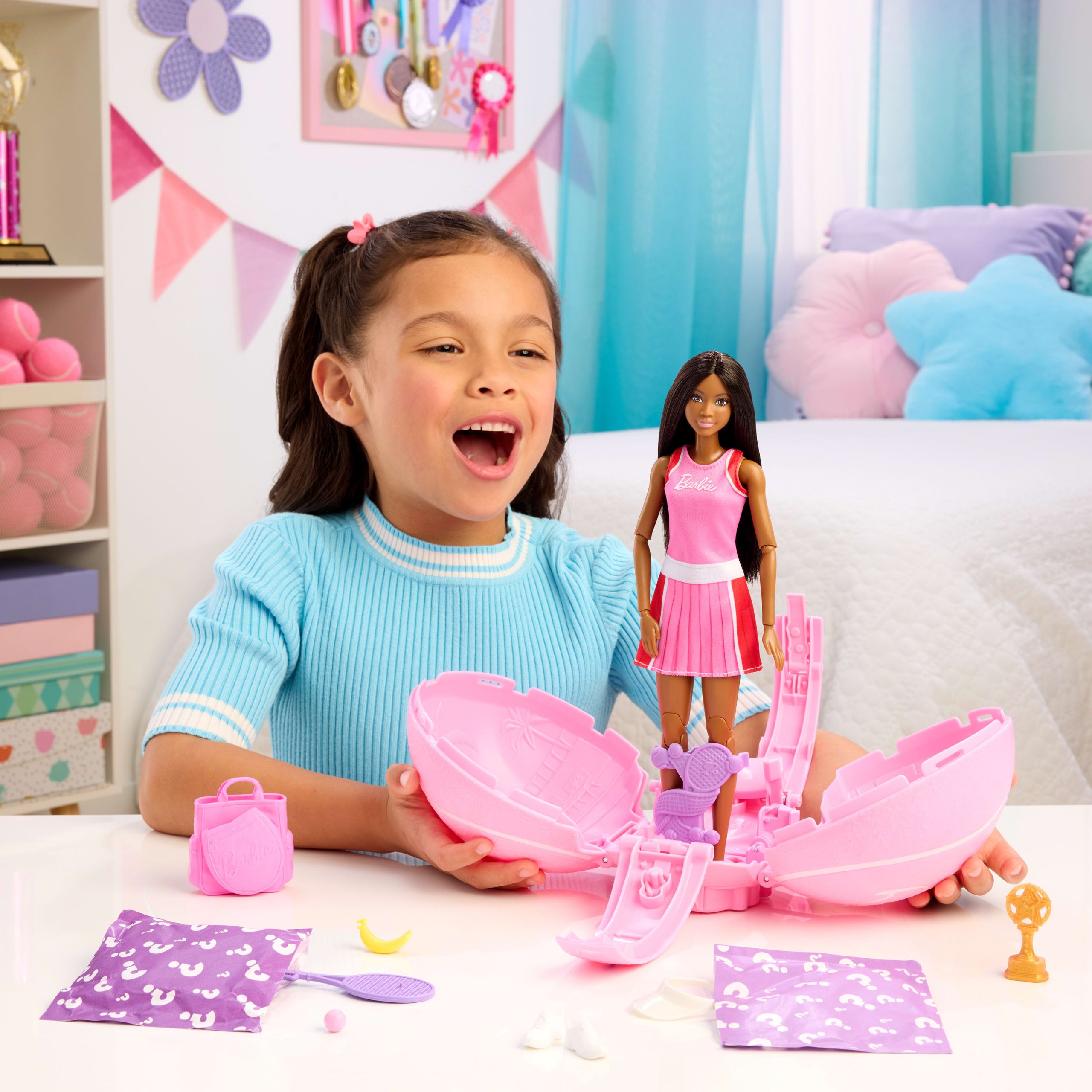 Barbie Team Barbie Roll And Reveal Tennis Player Doll And Accessories With Brunette Fashion Doll. 8 Surprises & Tennis Ball Encasement - Image 2