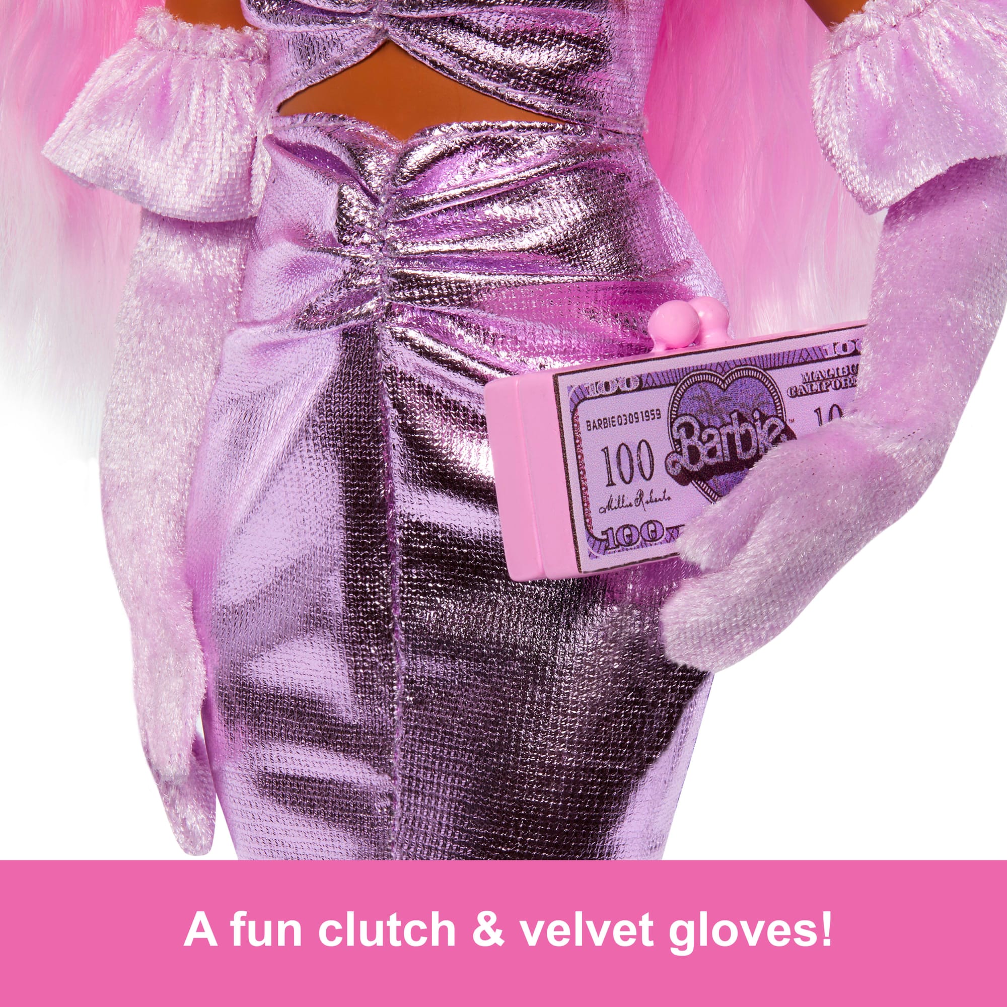 Barbie Deluxe Style Doll #1 in Glossy Pink Barbiecore Dress With Velvet Gloves. Pink Hair - Image 3