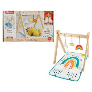Fisher-Price Wooden Activity Gym. Wood Frame With 3 Sensory Toys & Mat For Newborn Babies