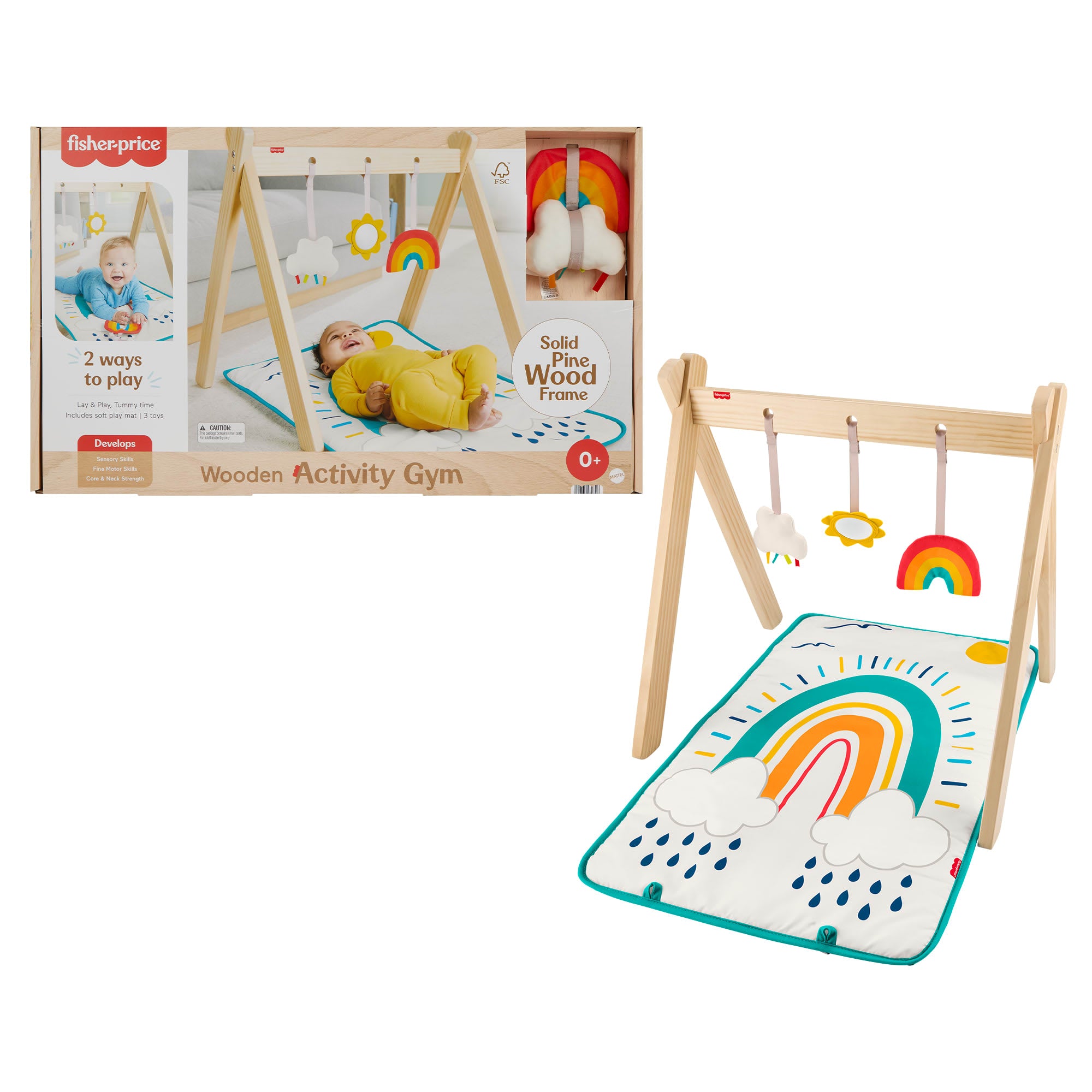Fisher-Price Wooden Activity Gym. Wood Frame With 3 Sensory Toys & Mat For Newborn Babies