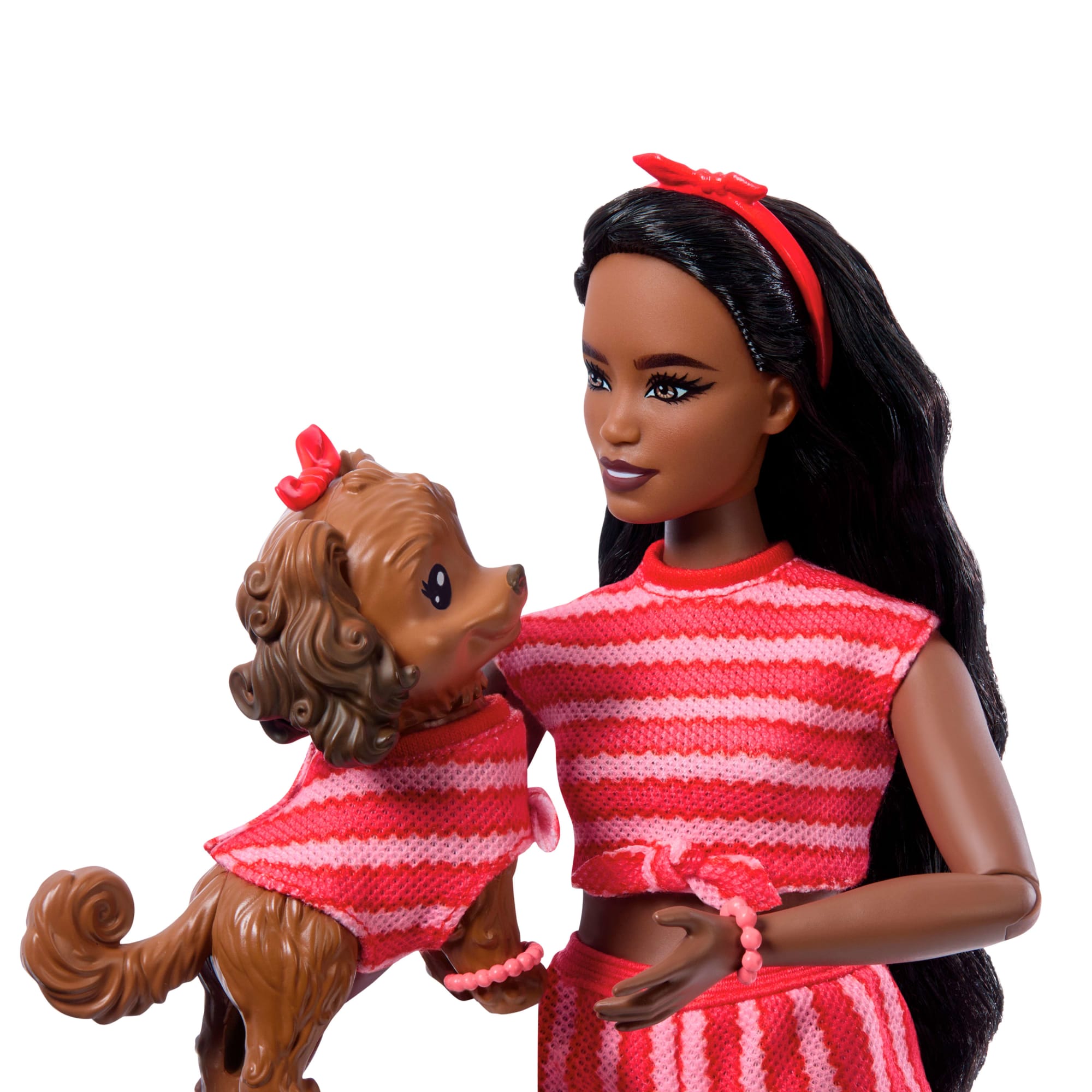 Barbie Twinning Looks Fashion Doll With Pet Dog. Matching Red Clothes & Accessories. Black Hair - Image 4