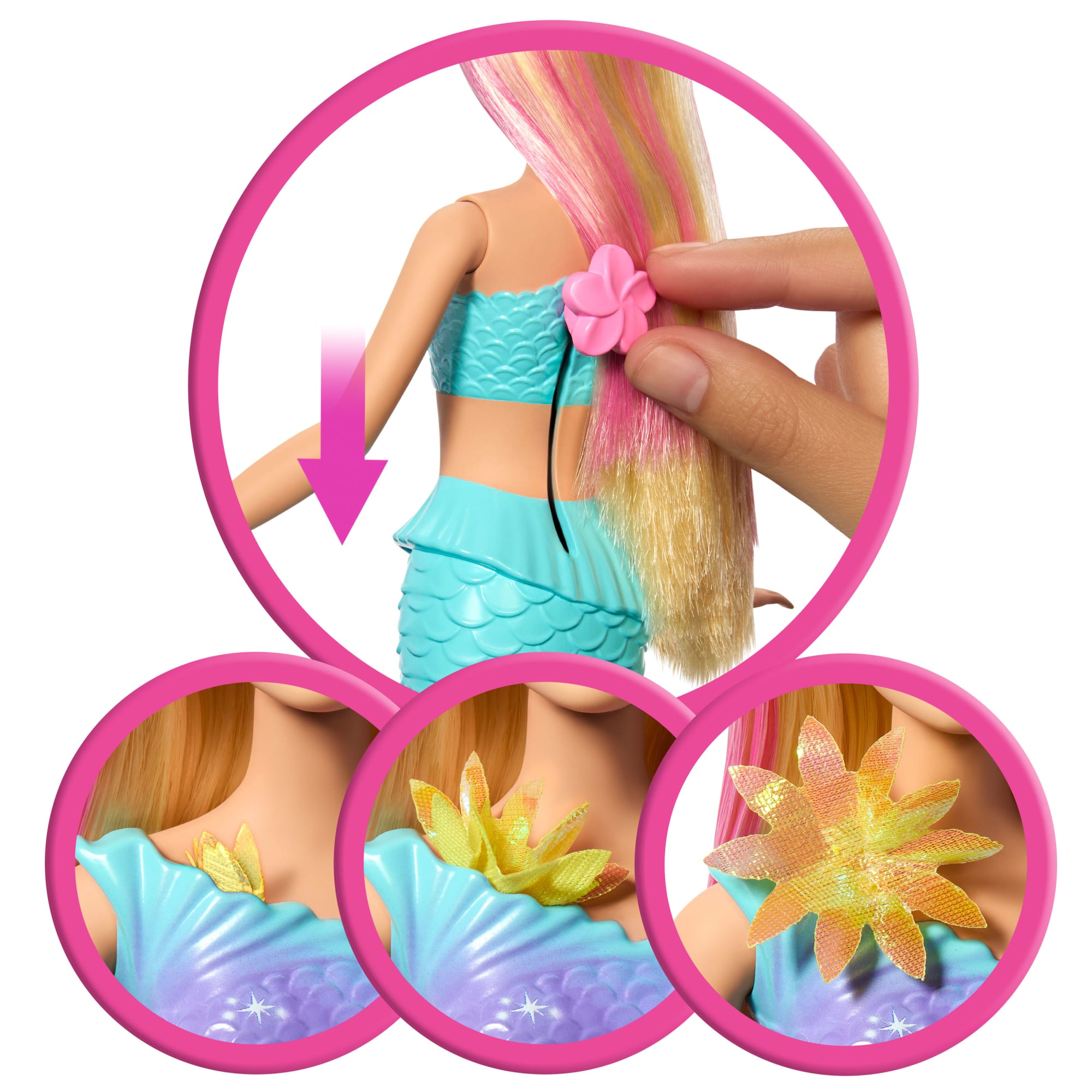 Barbie Flower Magic Mermaid Toy Doll With Surprise Blooming Flowers Feature & Pearl Headband Accessory - Image 3