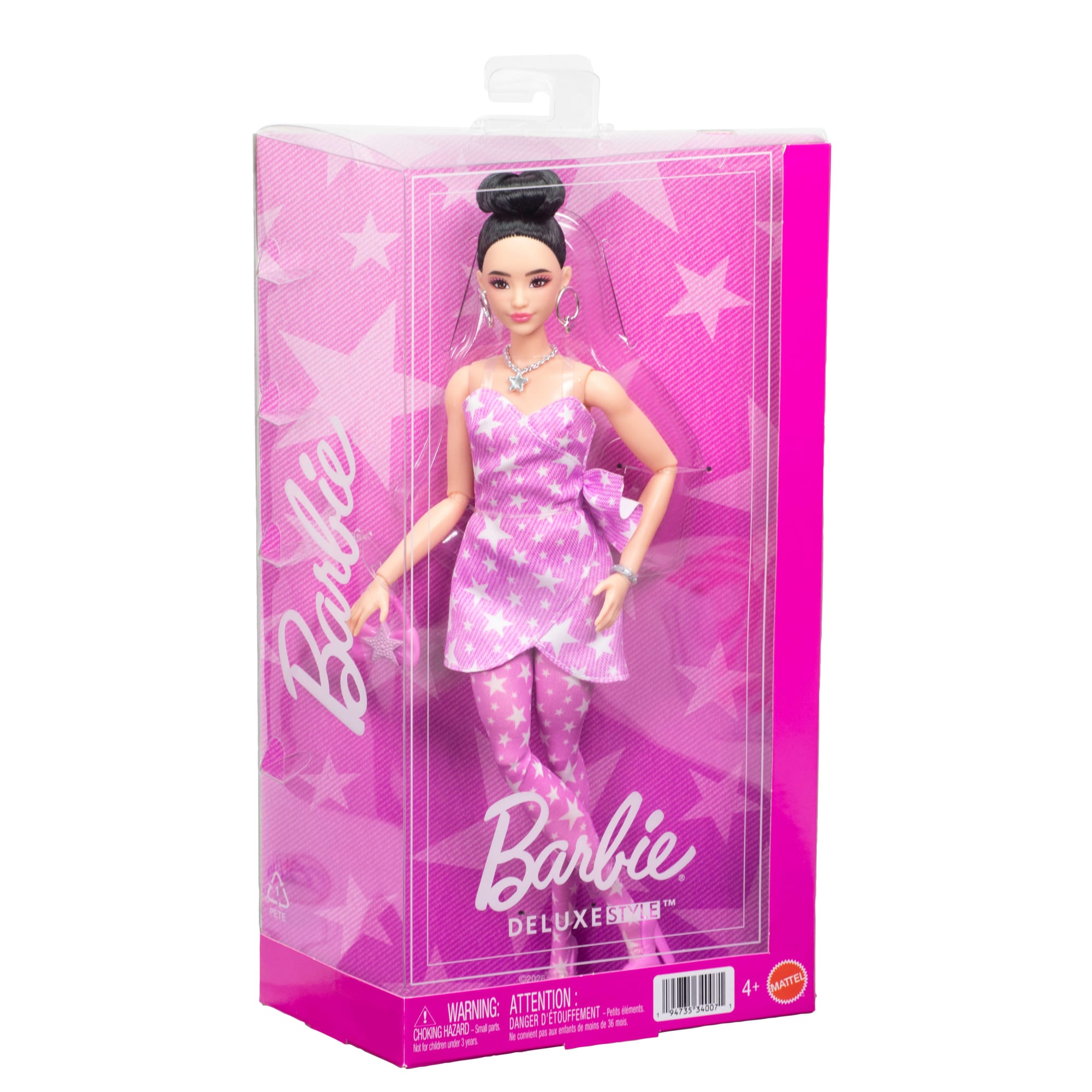 Barbie Deluxe Style Fashion Doll #11 in Pink Denim Star-Print Dress. Black Hair in Bun - Image 6