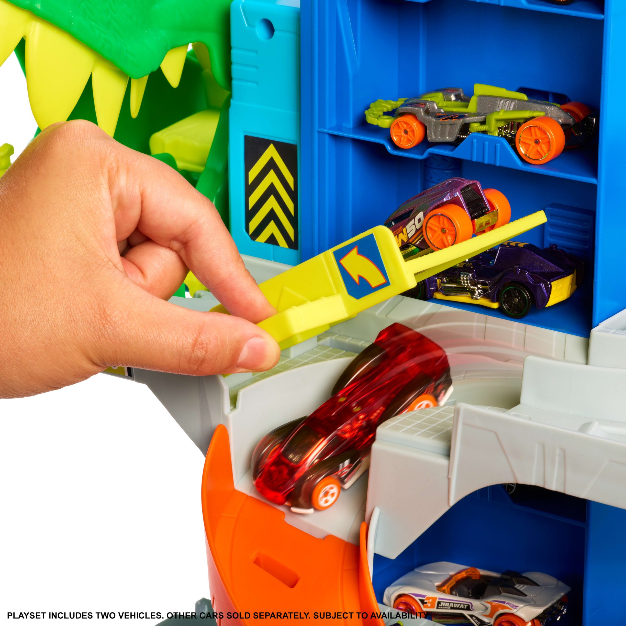 Hot Wheels City Ultimate T-Rex Garage With 2 Toy Cars & Storage For 50+. Race & Stunt. Dino Nemesis - Image 3