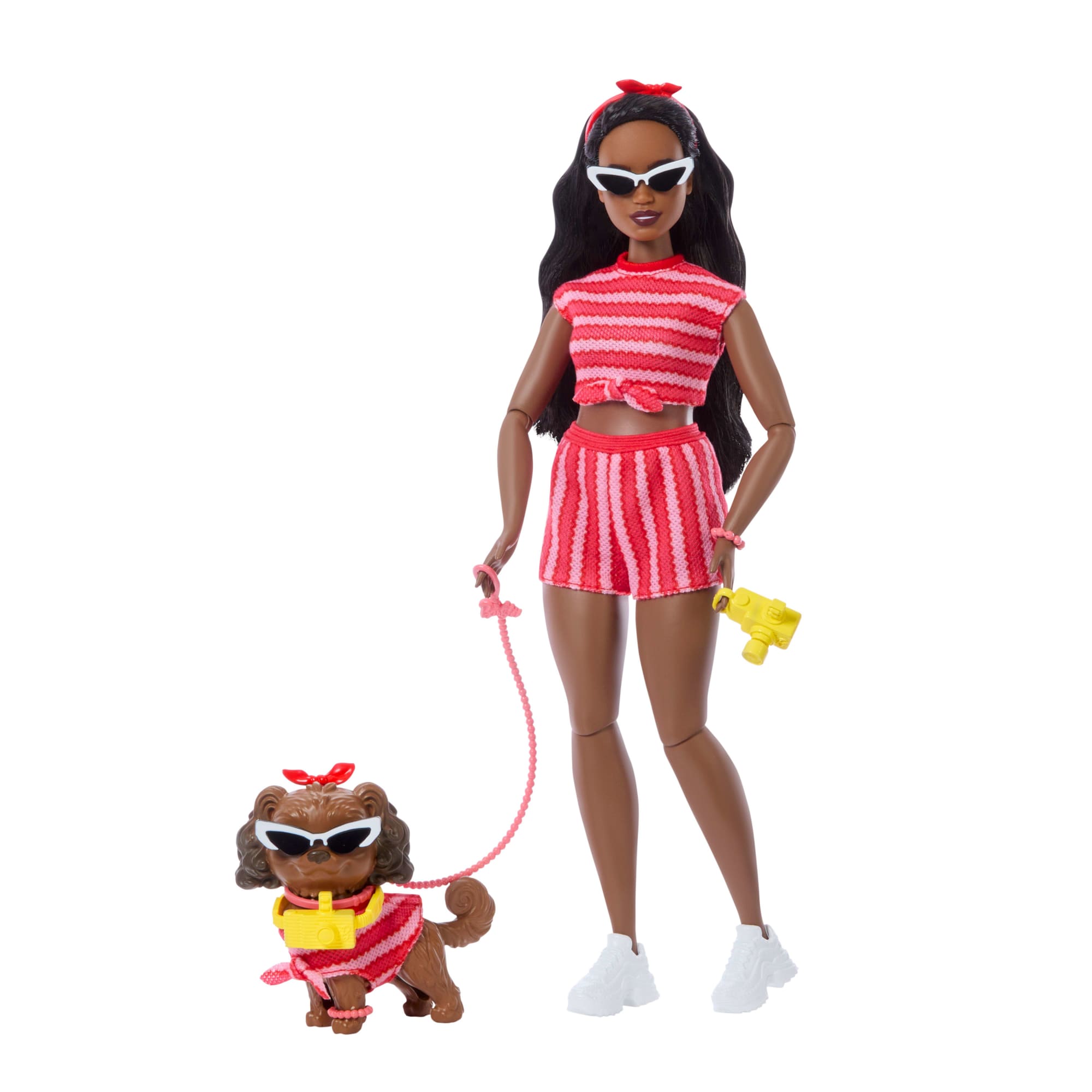 Barbie Twinning Looks Fashion Doll With Pet Dog. Matching Red Clothes & Accessories. Black Hair