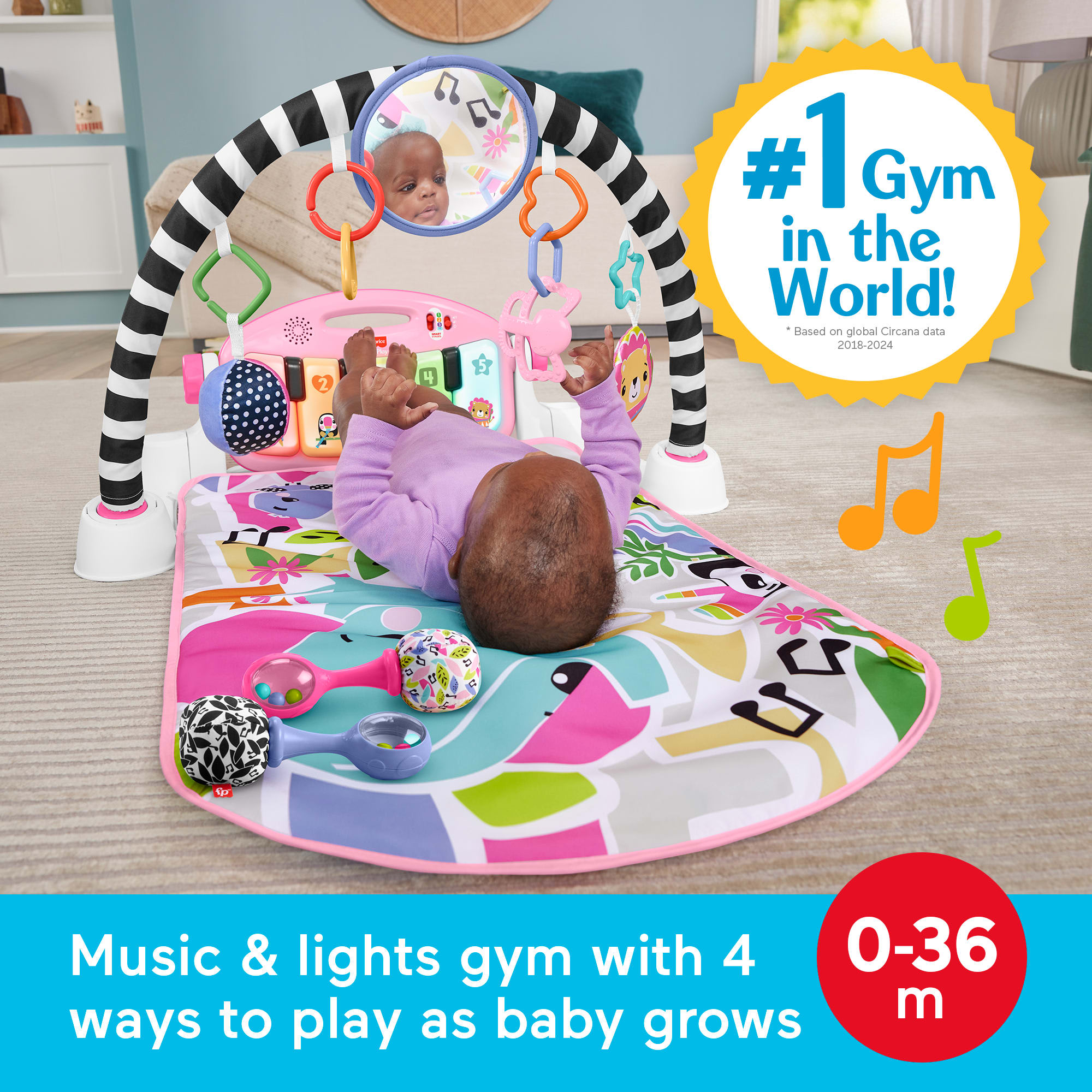 Fisher-Price Glow And Grow Kick & Play Piano Gym Baby Learning Toy With 2 Maracas. Pink - Image 2
