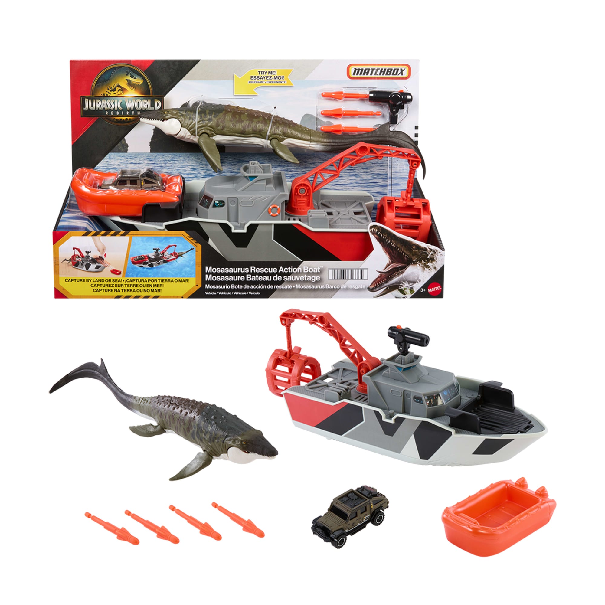 Matchbox Jurassic World Mosasaurus Rescue Action Boat Playset With Ship. Dino. Toy Car & Missiles
