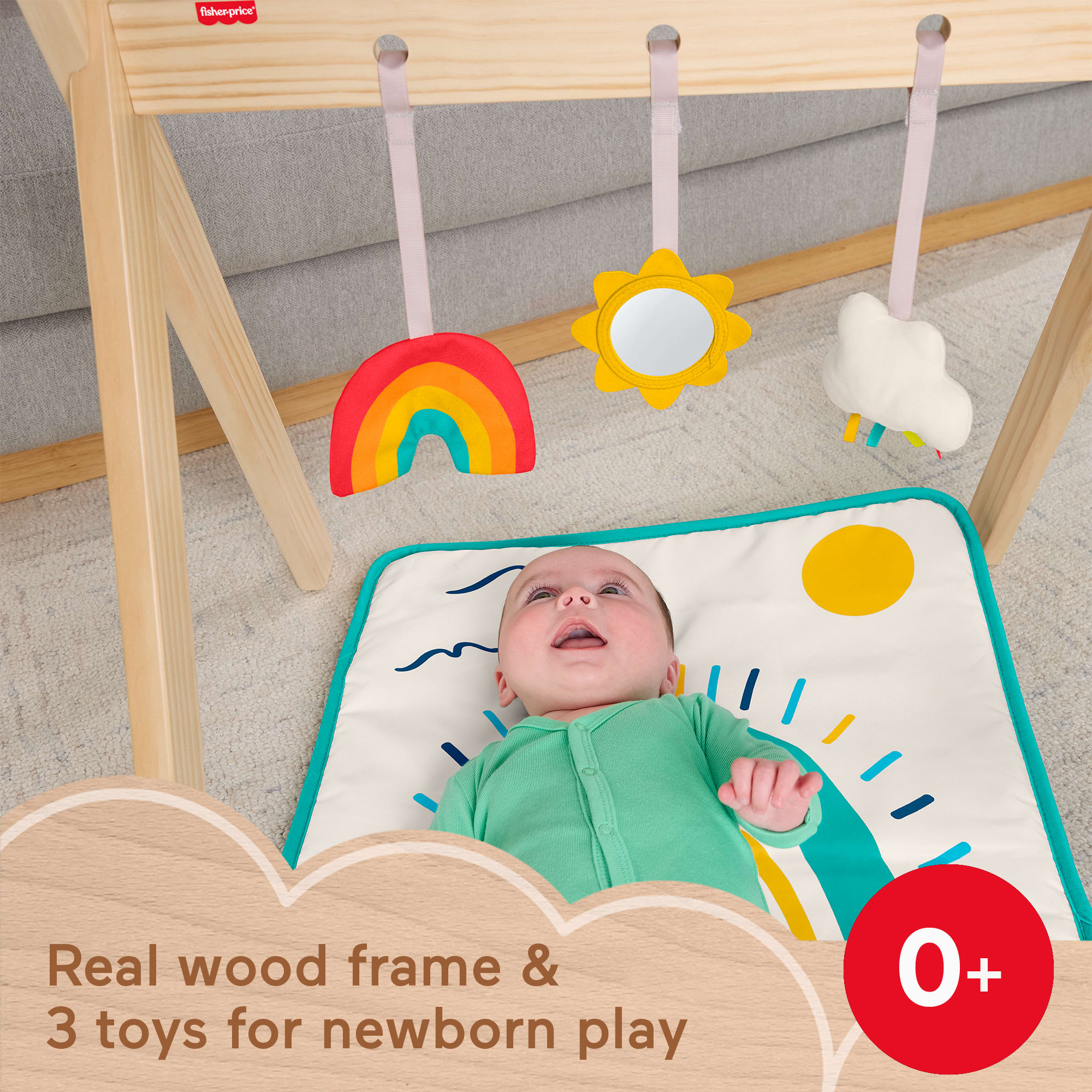 Fisher-Price Wooden Activity Gym. Wood Frame With 3 Sensory Toys & Mat For Newborn Babies - Image 2