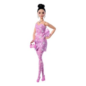 Barbie Deluxe Style Fashion Doll #11 in Pink Denim Star-Print Dress. Black Hair in Bun