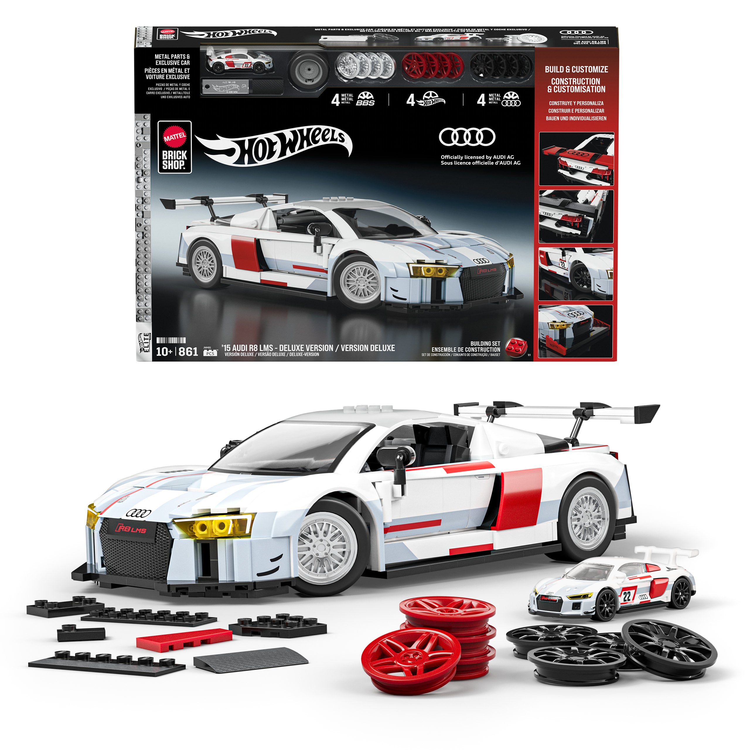 Mattel Brick Shop – Hot Wheels – Coffret de Construction – Audi R8 Lms 15 Version de Luxe (861 Pièces). Pour Les Collectionneurs