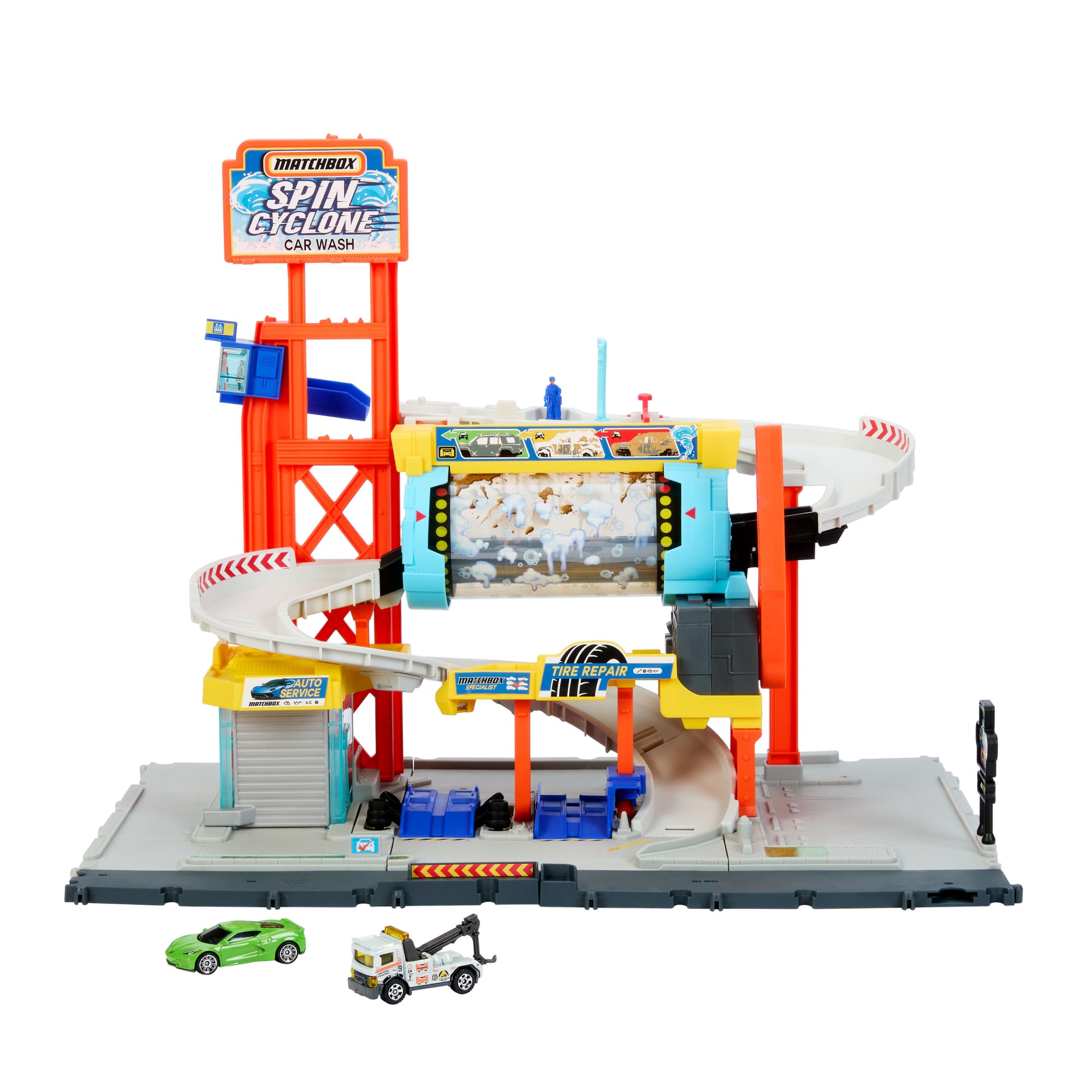 Matchbox Spin Cyclone Car Wash Playset With 1:64 Scale Die-Cast Toy Corvette & Tow Truck