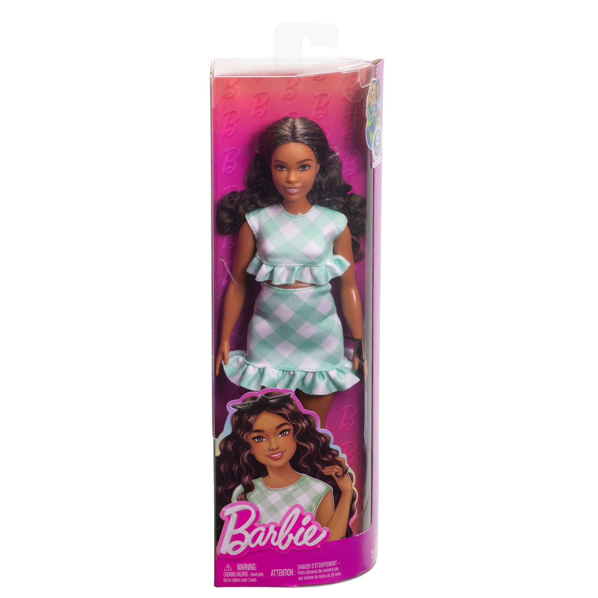 Barbie Fashionistas Doll #240 in Green Gingham Dress And Sunglasses. Wavy Dark Brown Hair - Image 6