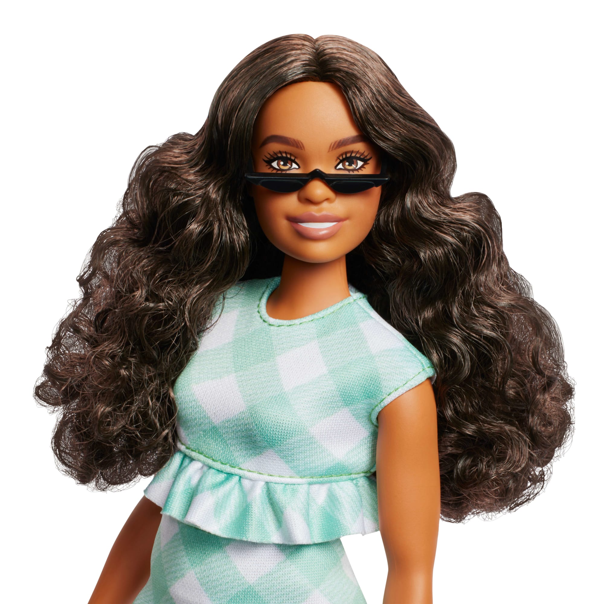 Barbie Fashionistas Doll #240 in Green Gingham Dress And Sunglasses. Wavy Dark Brown Hair - Image 3