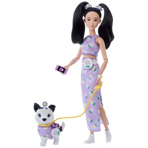 Barbie Twinning Looks Fashion Doll With Pet Dog. Matching Purple Clothes & Accessories. Black Hair