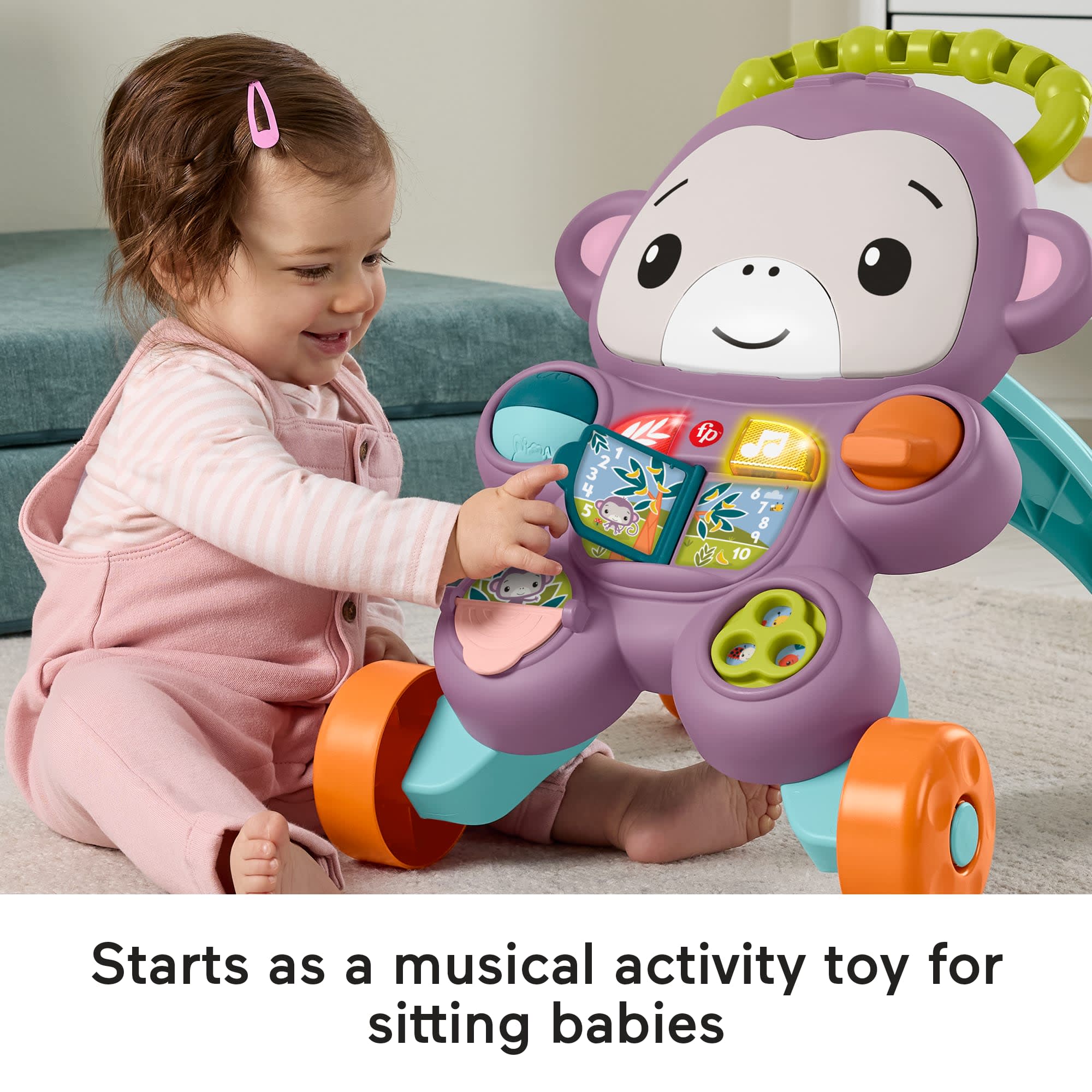 Fisher-Price Learn With Me Purple Monkey Push Walker. Baby Musical Learning Activity Toy - Image 3