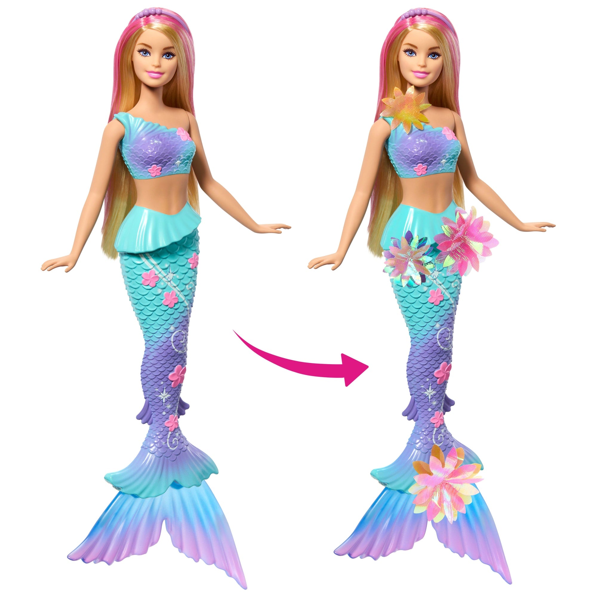 Barbie Flower Magic Mermaid Toy Doll With Surprise Blooming Flowers Feature & Pearl Headband Accessory - Image 2