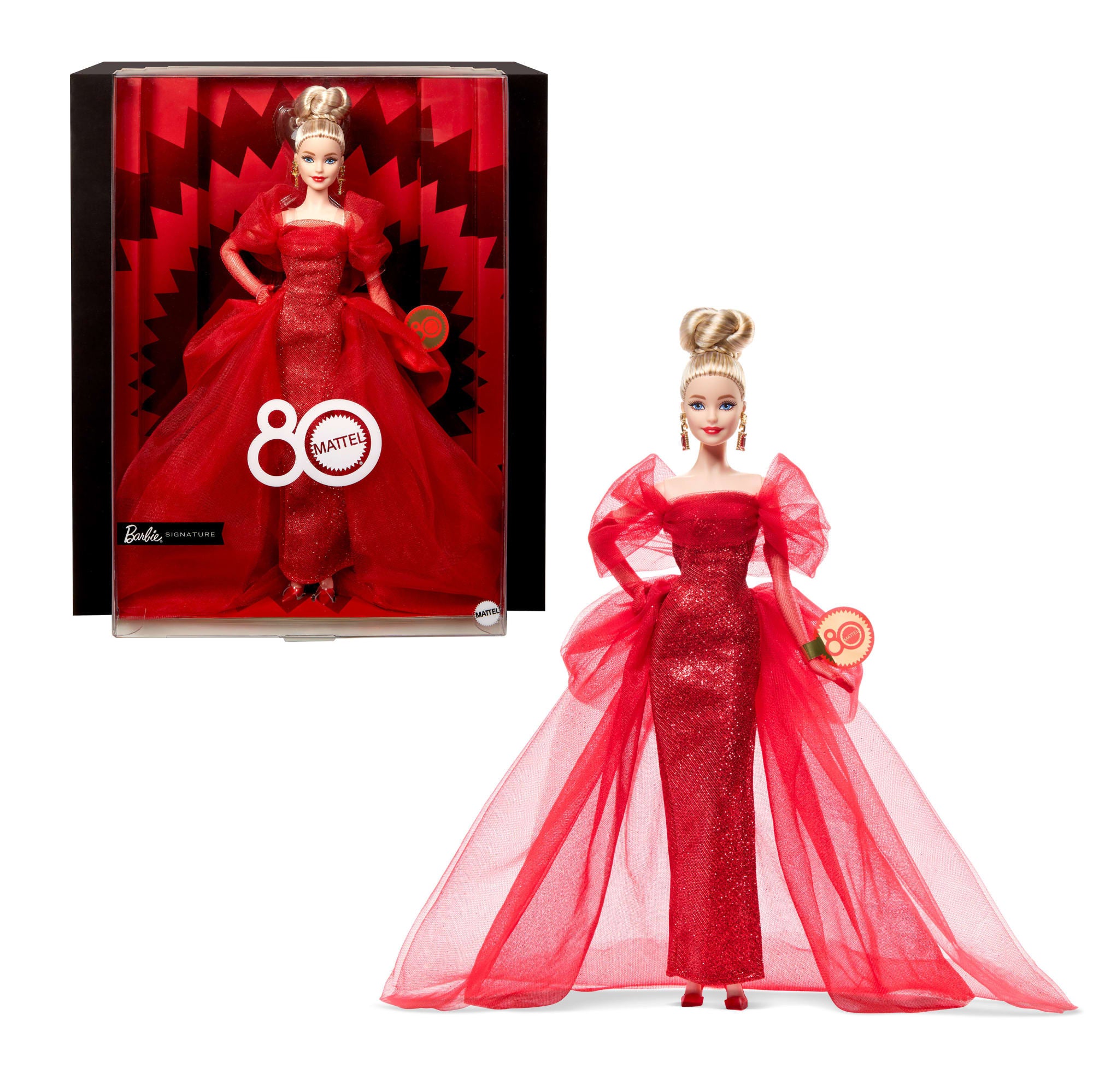 Barbie Signature Collectible Doll For Mattel 80th Anniversary. Glittery Red Tulle Gown. Blonde Hair