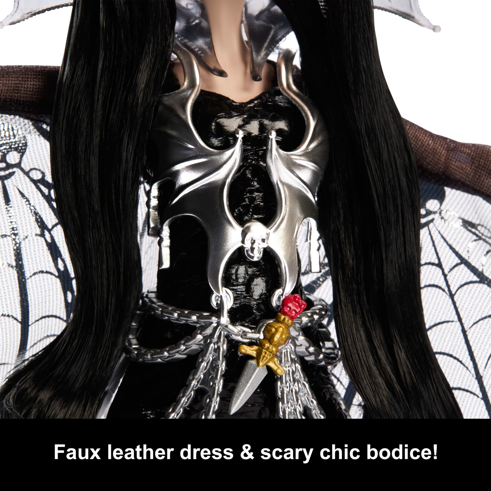 Monster High Elvira Collector Doll in Black Faux Leather Dress With Silvery Cape And Accessories - Image 2