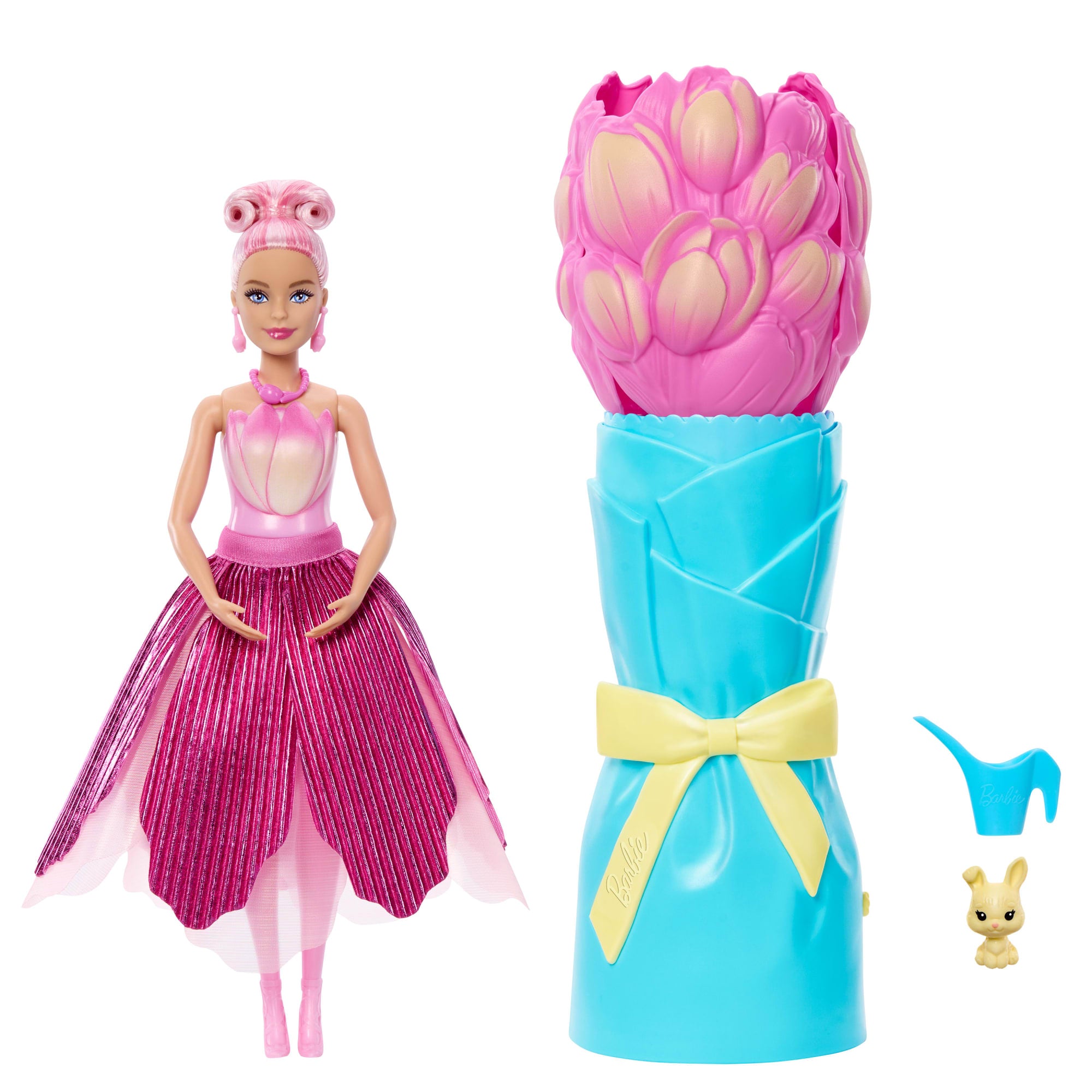 Barbie Petal Pop Scented Fashion Doll With Pink Tulip Dress. Reveal Accessories Like Bunny & More