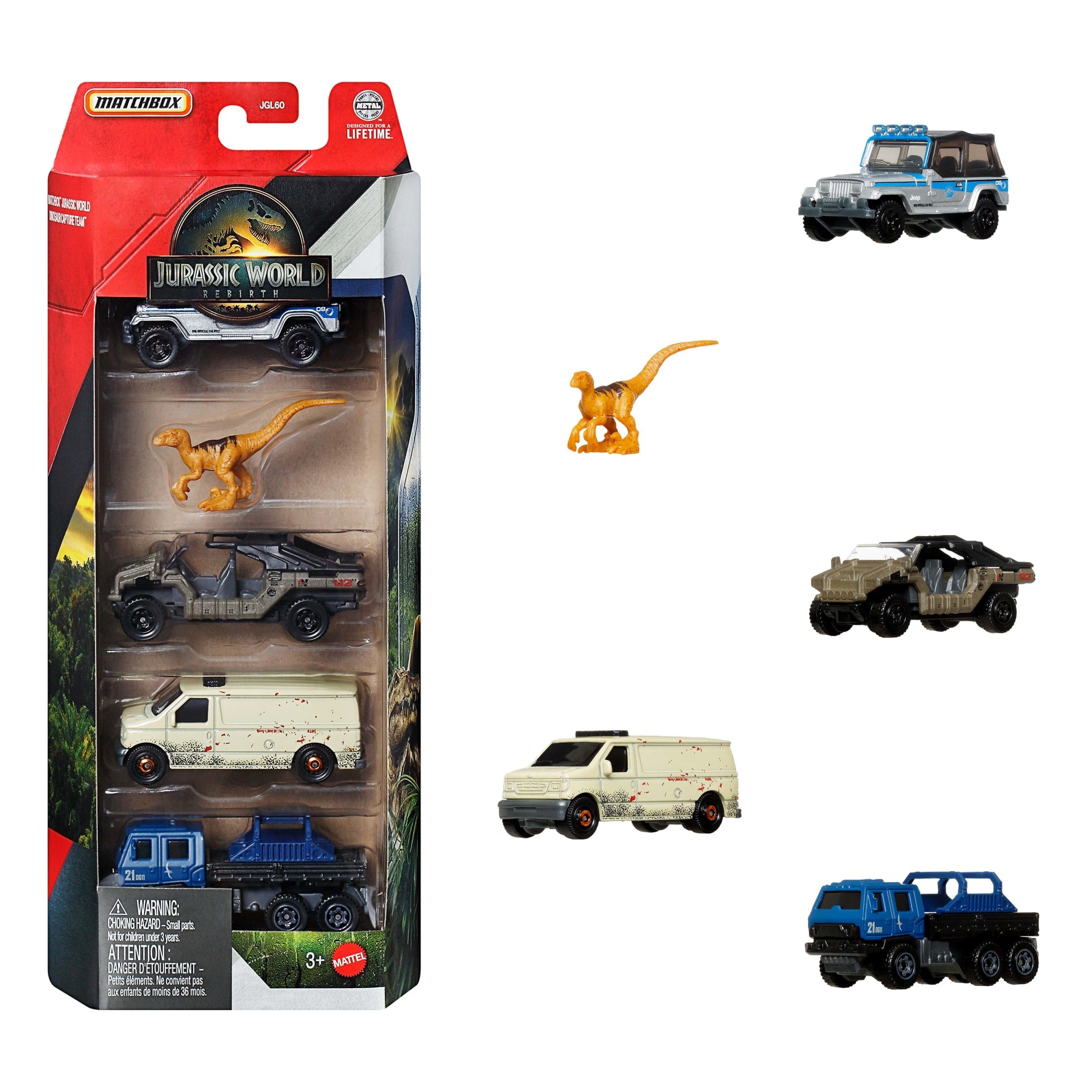 Matchbox Jurassic World 5-Pack. 4 1:64 Scale Die-Cast Toy Cars With 1 Dinosaur