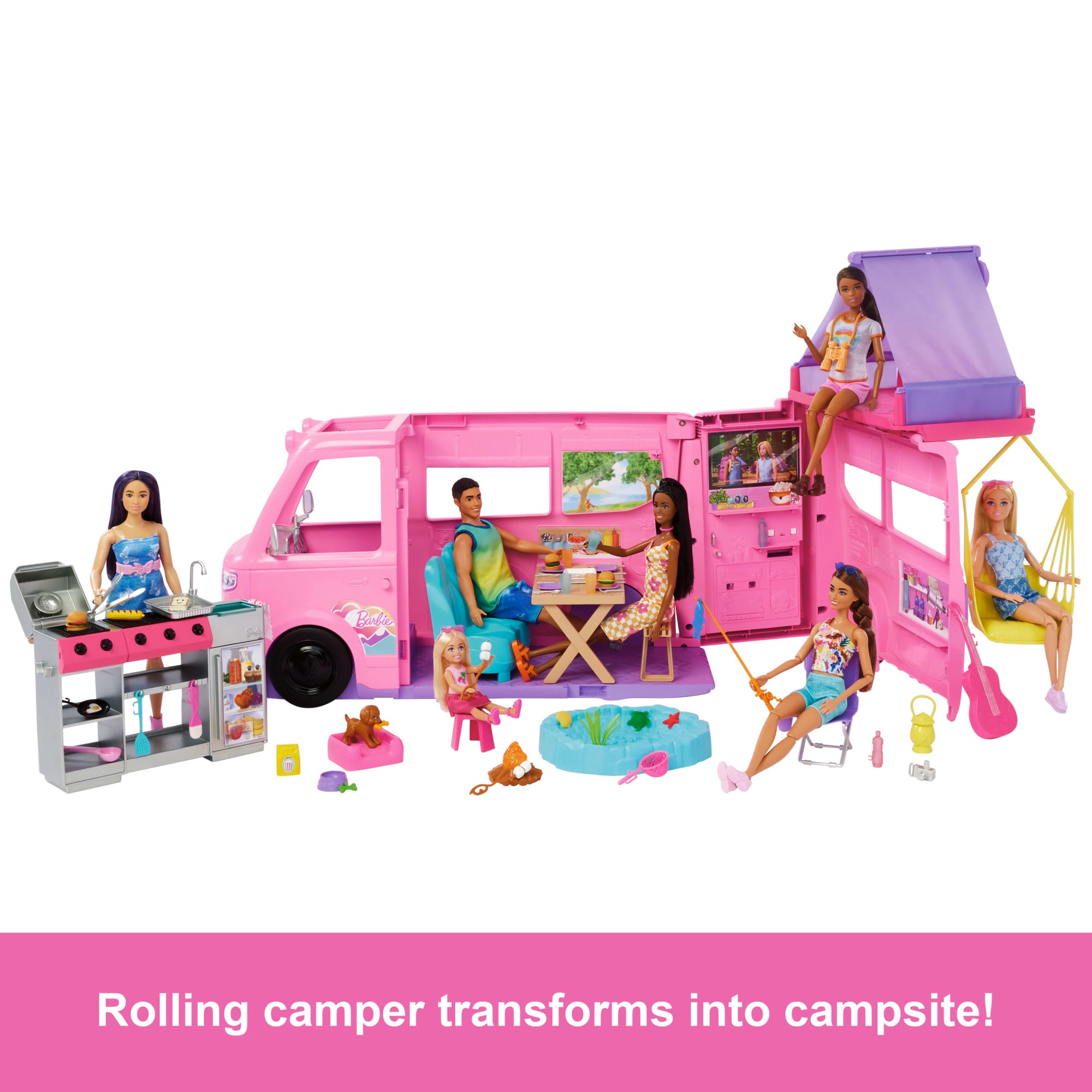 Barbie Dream Camper Playset With Roof Tent. BBQ Grill With Color-Change Feature & 60+ Accessories - Image 3