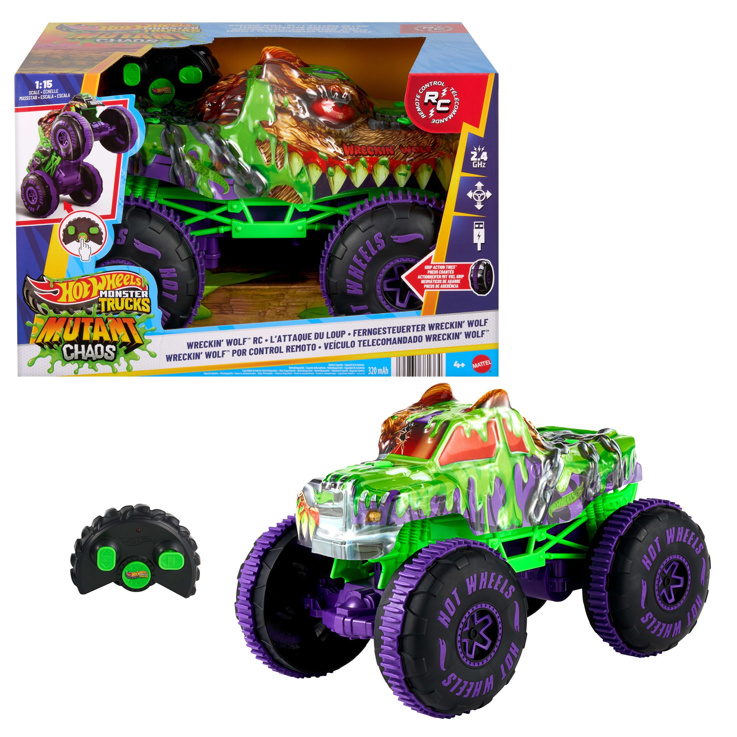 Hot Wheels Monster Trucks Mutant Chaos Wreckin' Wolf RC. Battery-Powered Remote-Control Toy