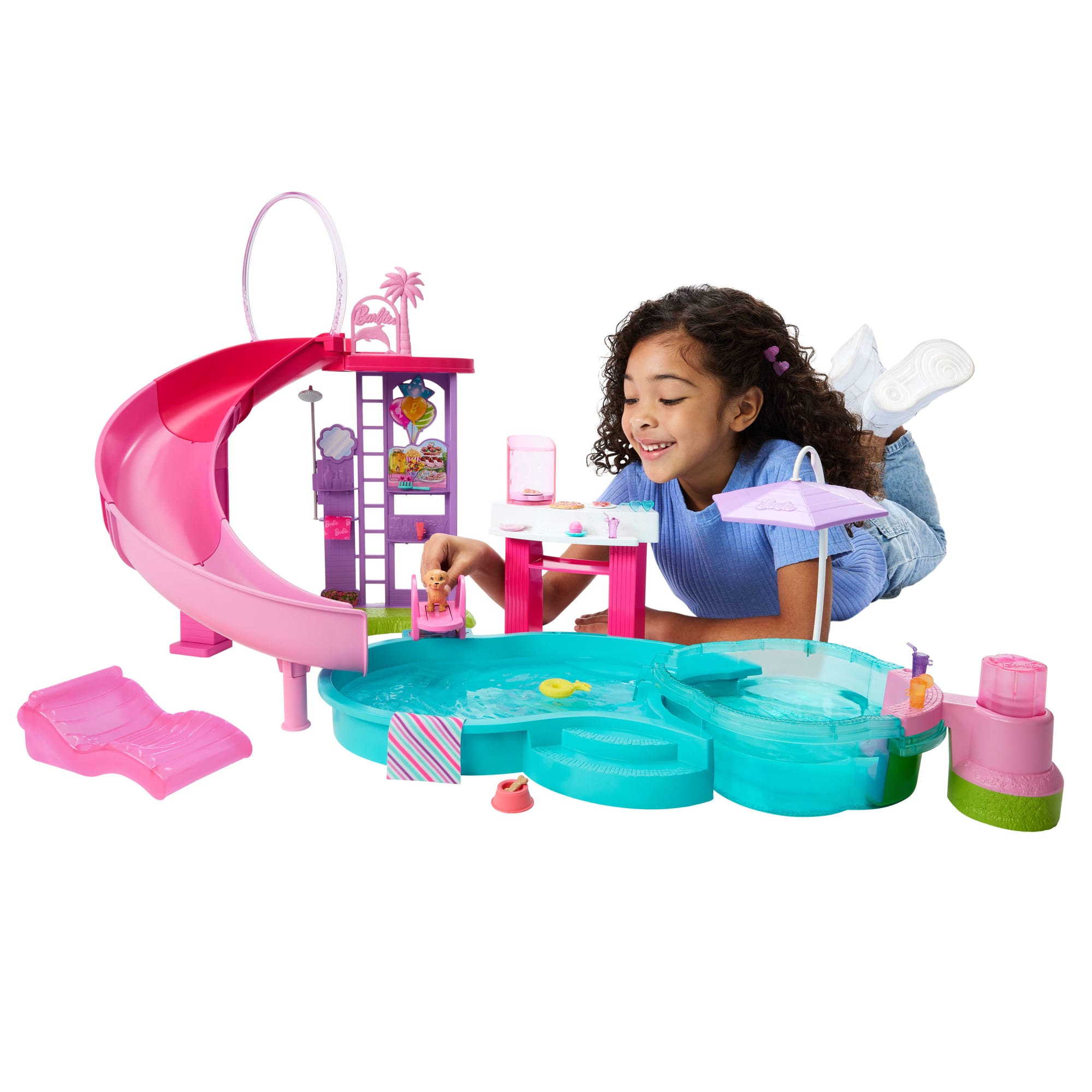 Barbie Dream Pool Playset With Slide & Bubbling Hot Tub. 20+ Accessories including Pet. Floaties & More - Image 2