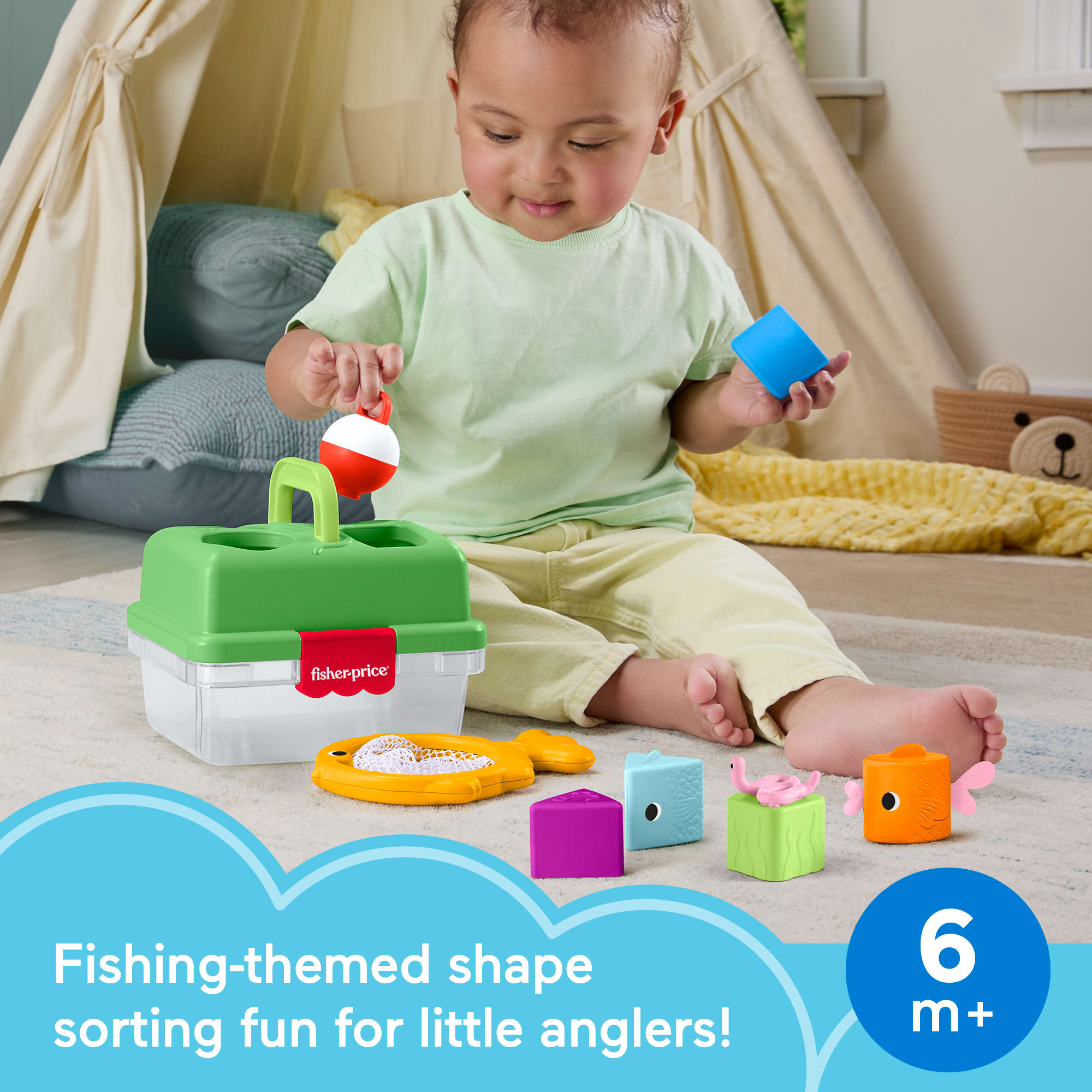 Fisher-Price Friendship Forest Sort & Store Tackle Box Baby Toy With 6 Shape Blocks & Fishing Net - Image 2