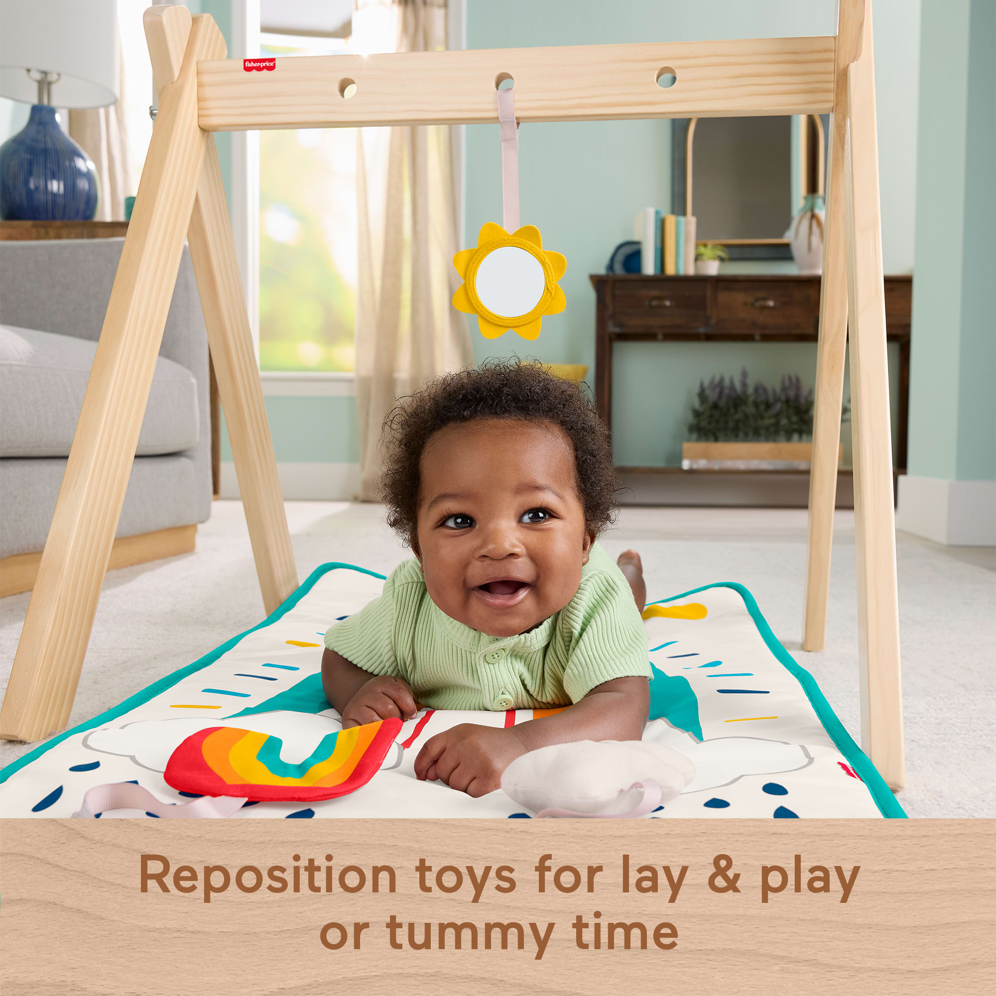 Fisher-Price Wooden Activity Gym. Wood Frame With 3 Sensory Toys & Mat For Newborn Babies - Image 4