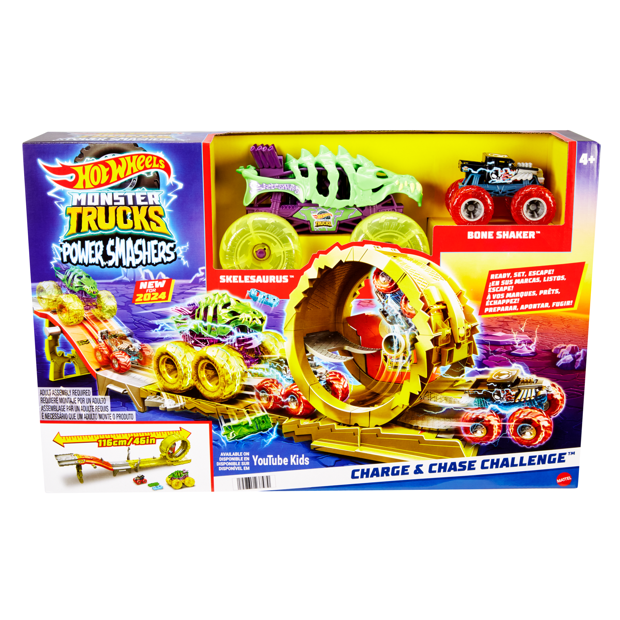 Hot Wheels Monster Trucks Power Smashers Charge & Chase Challenge Track Set With Oversized Skelesaurus. 1:64 Scale Bone Shaker & 2 Crushed Cars - Image 6