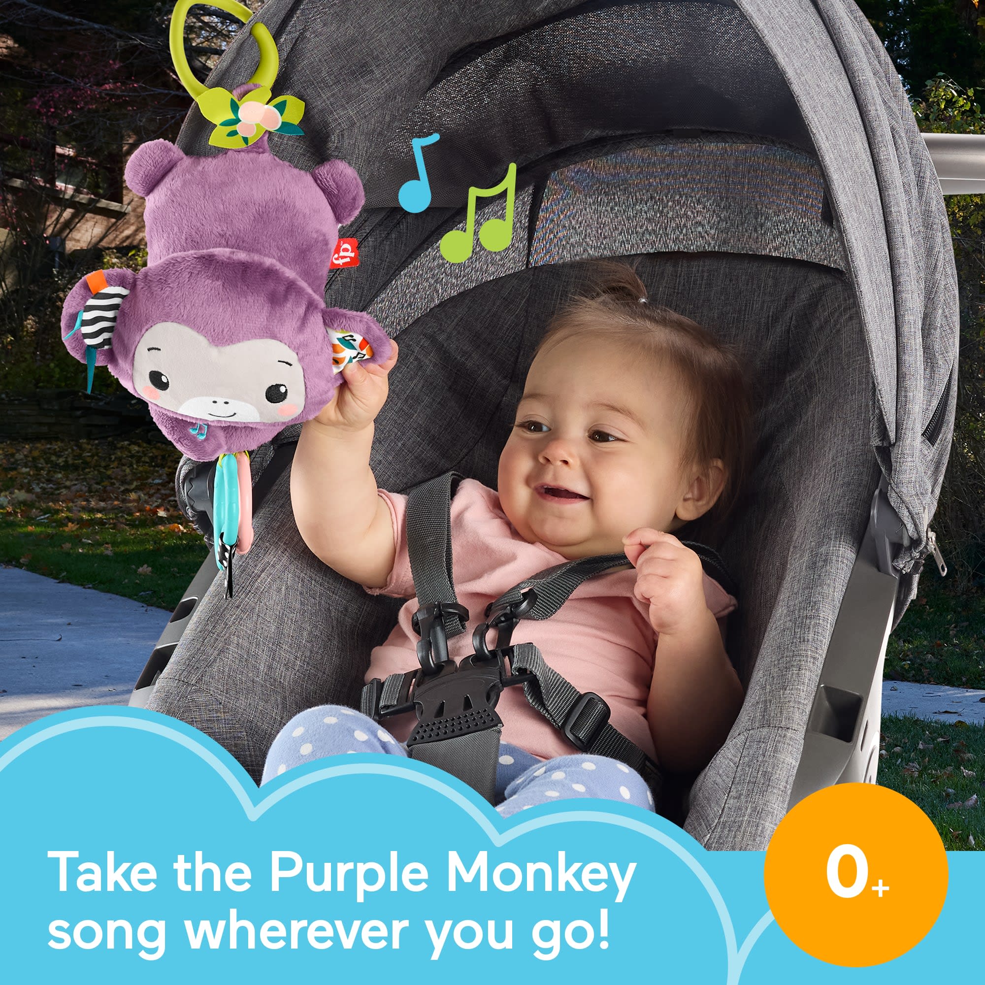 Fisher-Price Sing & Go Purple Monkey Plush Baby Stroller Sensory Toy For Newborns - Image 2